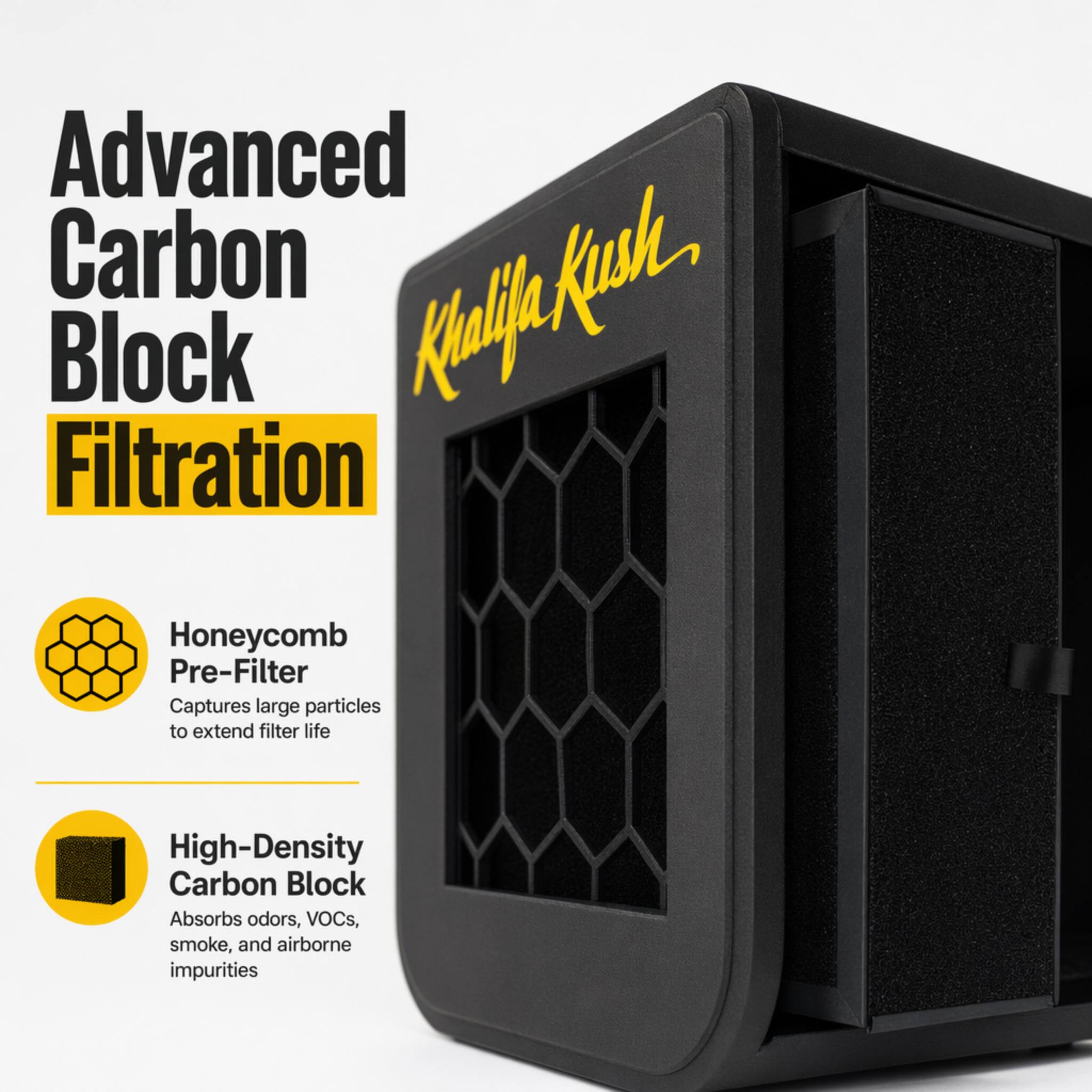 Advanced Carbon Block Filtration

Honeycomb Pre-Filter
Captures large particles to extend filter life

High-Density Carbon Block
Absorbs odors, VOCs, smoke, and airborne impurities