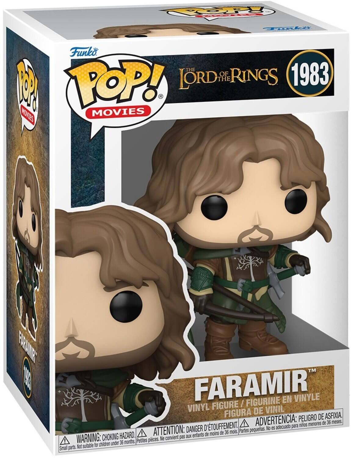 Funko POP! Movies  
The Lord of the Rings  
1983  

Faramir  
Vinyl Figure / Figurine en Vinyle / Figura de Vinil  

Warning: Choking Hazard. Small parts. Not suitable for children under 36 months.  
Advertencia: Peligro de asfixia. No es adecuado para niños menores de 36 meses.  
Attention: Danger d'étouffement. Ne convient pas aux enfants de moins de 36 mois.