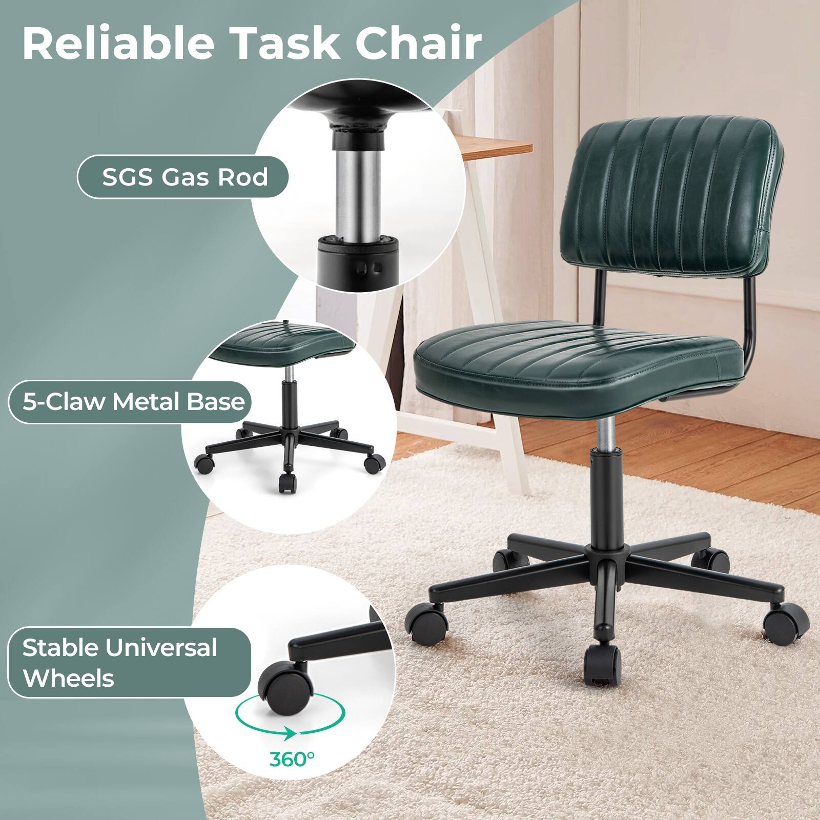 Reliable Task Chair: SGS Gas Rod, 5-Claw Metal Base, Stable, Universal Wheels, 360