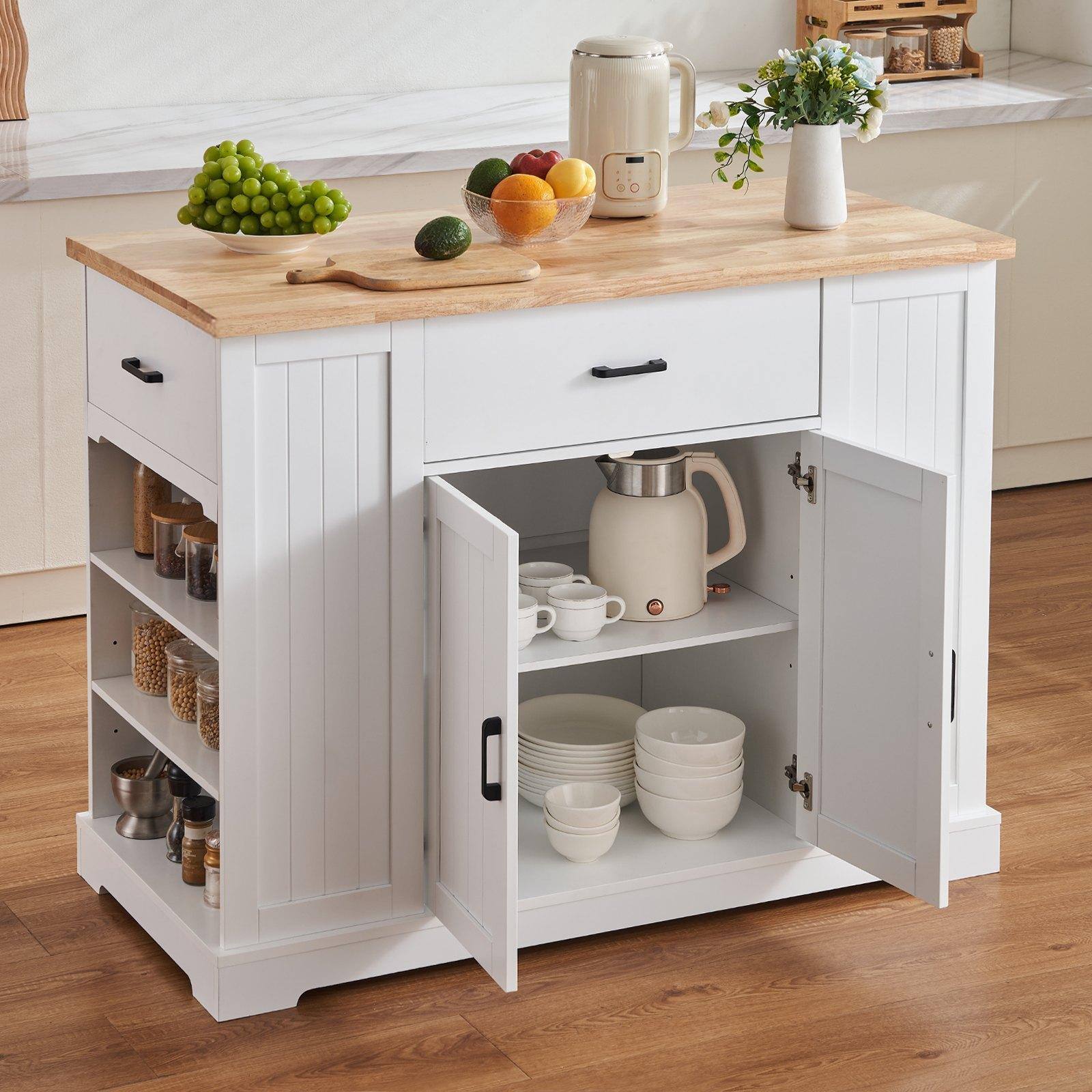 Alt View 1. Glintex - Kitchen Island Cart with 46" Wood Top, Storage Cabinet with Adjustable Shelf, Drawer, for Kitchen and Dining Room - White.