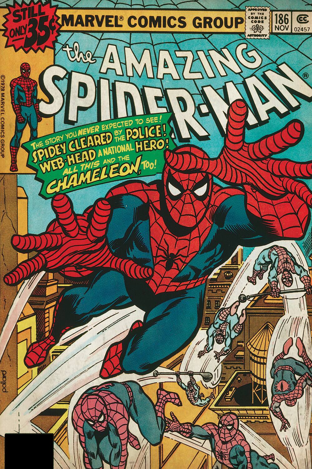 APPROVED STILL MARVEL COMICS GROUP COMICS BY CODE THE 186 CC 35 NOV 02457 ONLY AUTHORITY the AMAZING 1978 COMICS MARVEL SPIDER-MAN STORY YOU CLEARED NEVER EXPECTED THE BY POLICE! TO SEE! GROUP THE NATIONAL HERO! SPIDEY WEB-HEAD A AND THE ALL THIS TOO! CHAMELEON