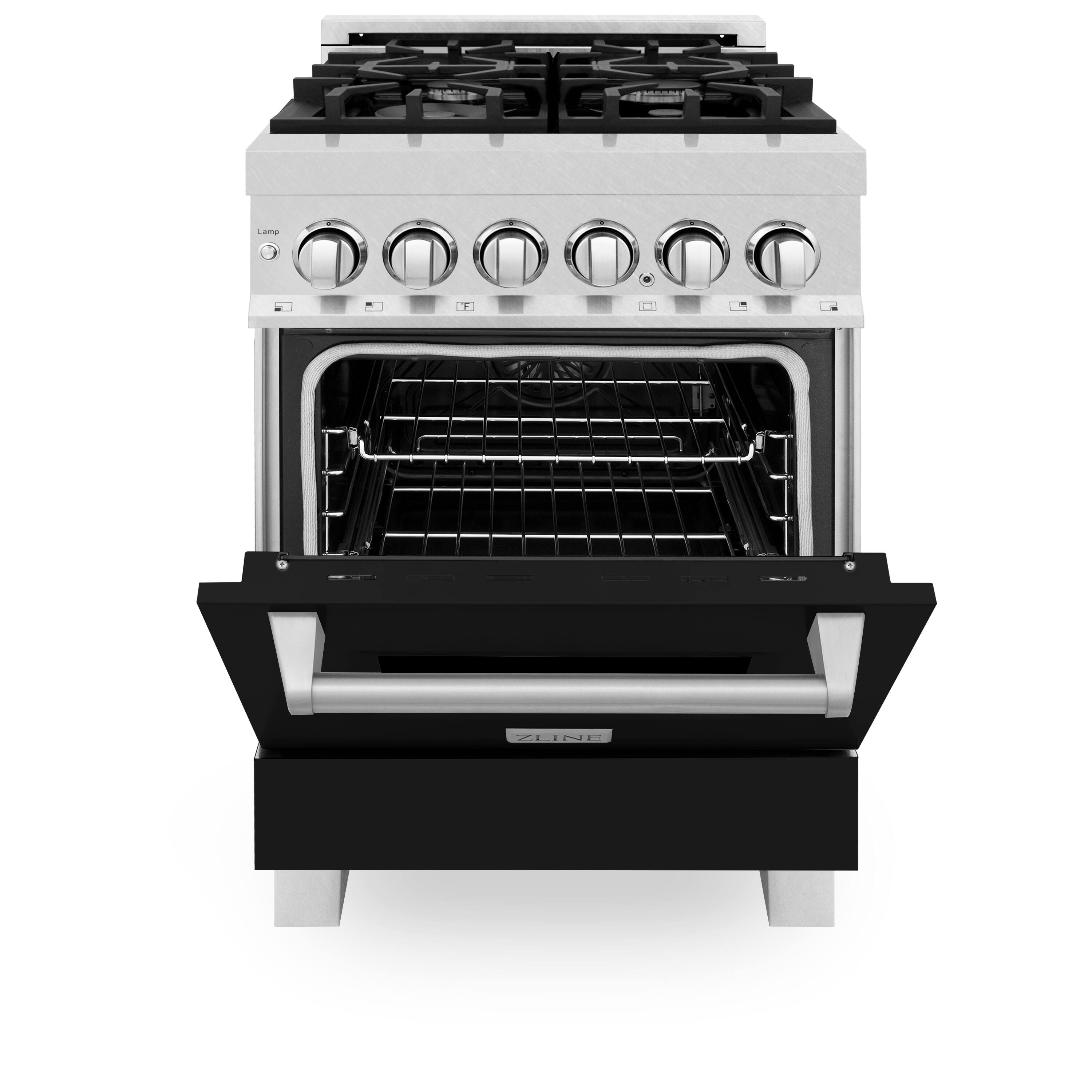 Angle. ZLINE - ZLINE 24 in. Legacy Dual Fuel Range in Satin Stainless Steel w/ Black Matte Door (RAS-BLM-24) - Matte Black.
