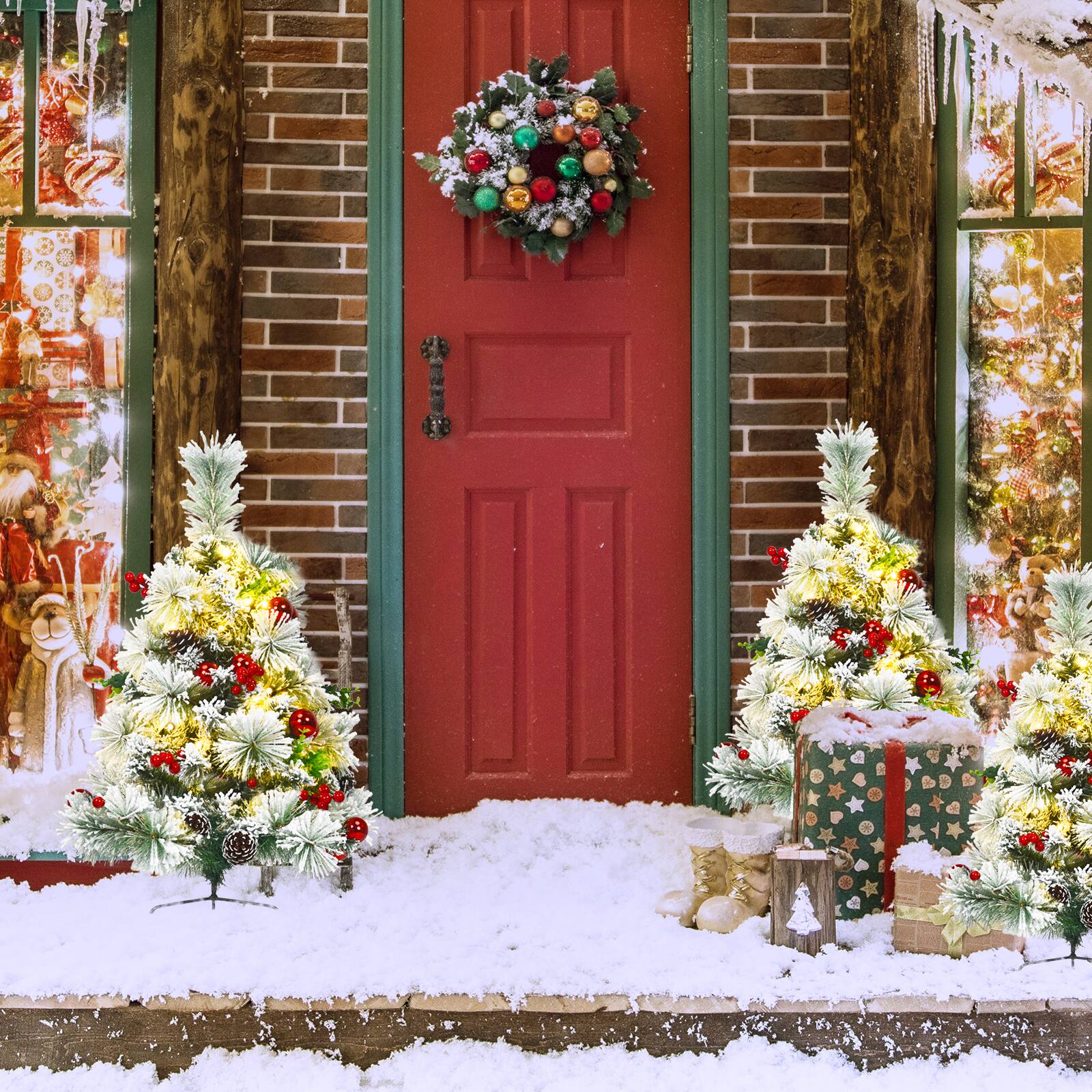 Alt View 1. Costway - Costway Set of 2 29 in Battery Powered Pre-lit Pathway Flocked Christmas Trees Outdoor - Green,White,Red.