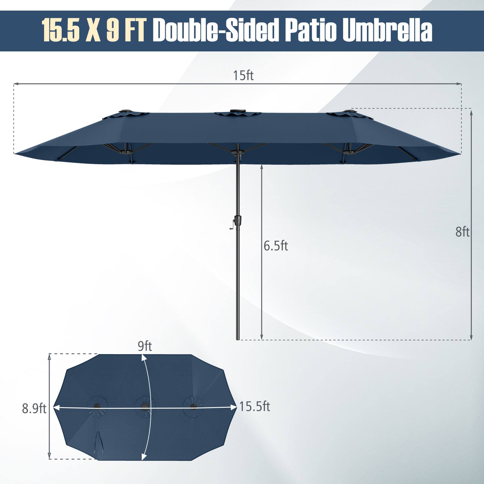 15.5 X 9 FT Double-Sided Patio Umbrella: 15 ft, 6.5 ft, 8 ft, 9 ft, 8.9 ft, 15.5 ft.