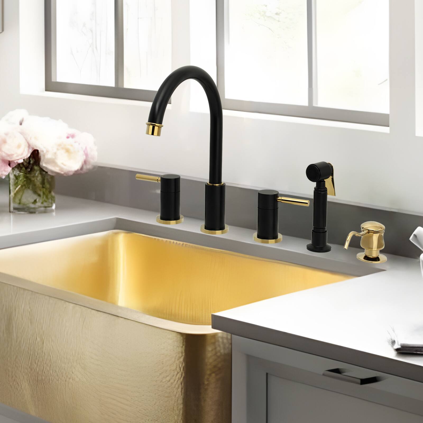Alt View 5. Akicon - Akicon Solid Brass Double-Handle 360° Swivel Widespread Kitchen Faucet with Side Sprayer in Matte Black & Gold - Matte Black & Gold.