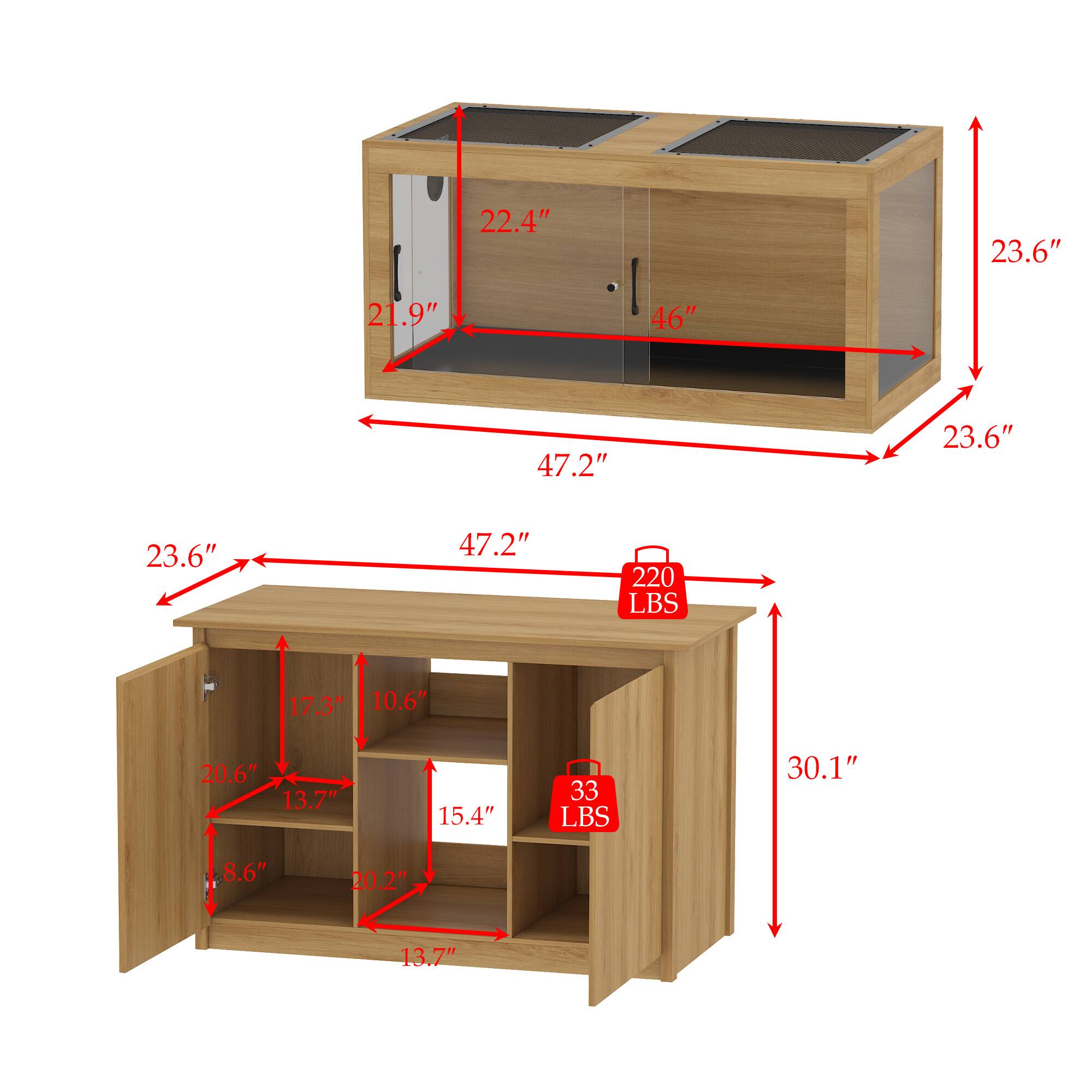 - Width: 47.2"
- Depth: 23.6"
- Height: 30.1"
- Top Surface Weight Capacity: 220 LBS
- Bottom Shelf Weight Capacity: 33 LBS
- Drawer Dimensions:
  - Width: 22.4"
  - Height: 23.6"
  - Depth: 21.9"
- Cabinet Dimensions:
  - Width: 46"
  - Height: 23.6"
- Shelf Dimensions:
  - Width: 20.6"
  - Depth: 13.7"
  - Height: 15.4"
  - Shelf Spacing: 10.6"
  - Shelf Thickness: 8.6"
  - Shelf Depth: 20.2"