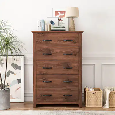 Tall Storage Dresser with 5 Pull-out Drawers for Bedroom Living Room-Walnut | Costway Tall Storage Dresser with 5 Pull-out Drawers for Bedroom Living Room-Walnut | Costway