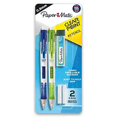 0.9mm Paper Mate Clear Point #2 Pencil
6 Jumbo Refillable Erasers
Easy to Hold Grip
2 Mechanical Pencils