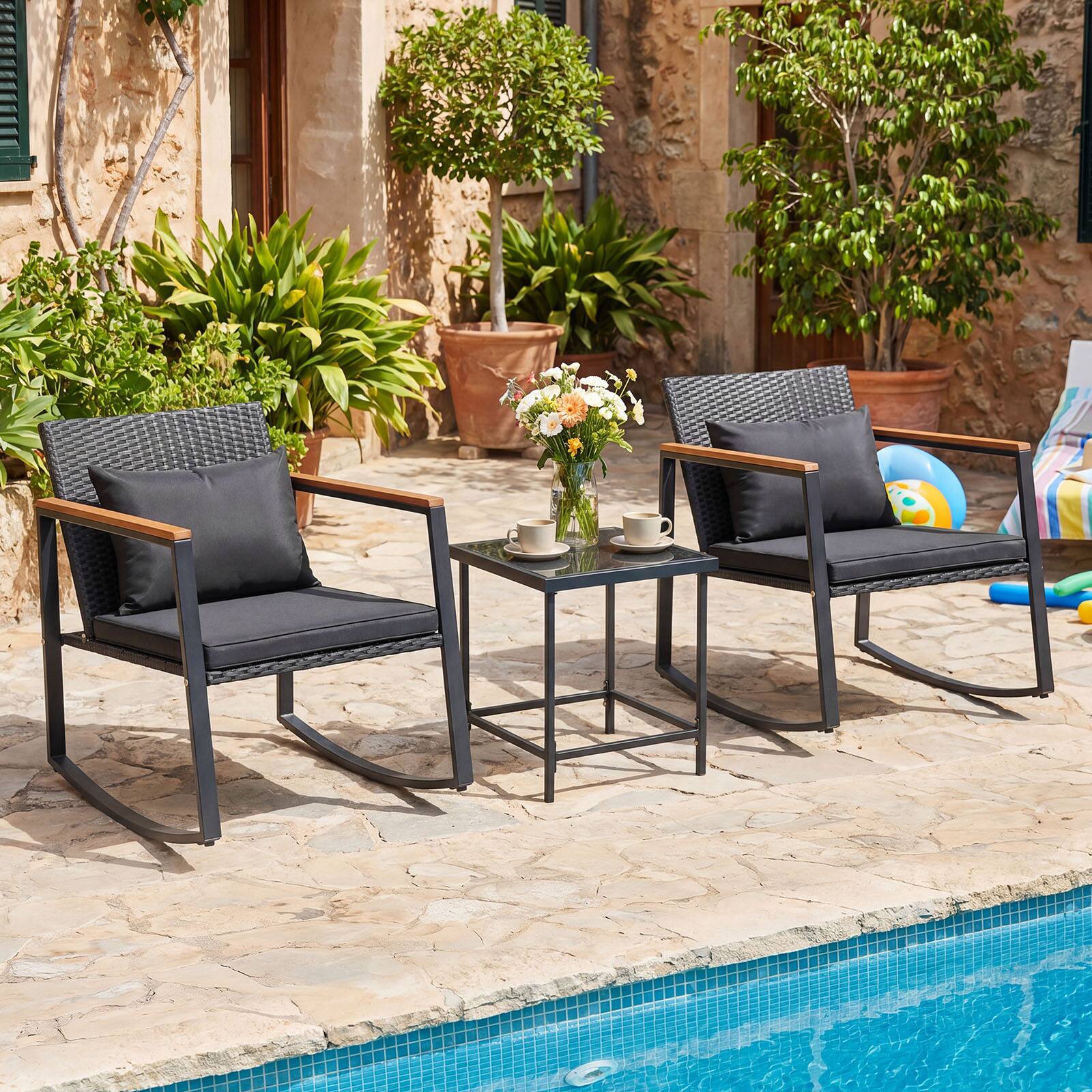 Alt View 4. Costway - Costway 3-Piece Outdoor Rocking Bistro Set, Patio Rocking Chairs & Coffee Table Set - Black,Brown.