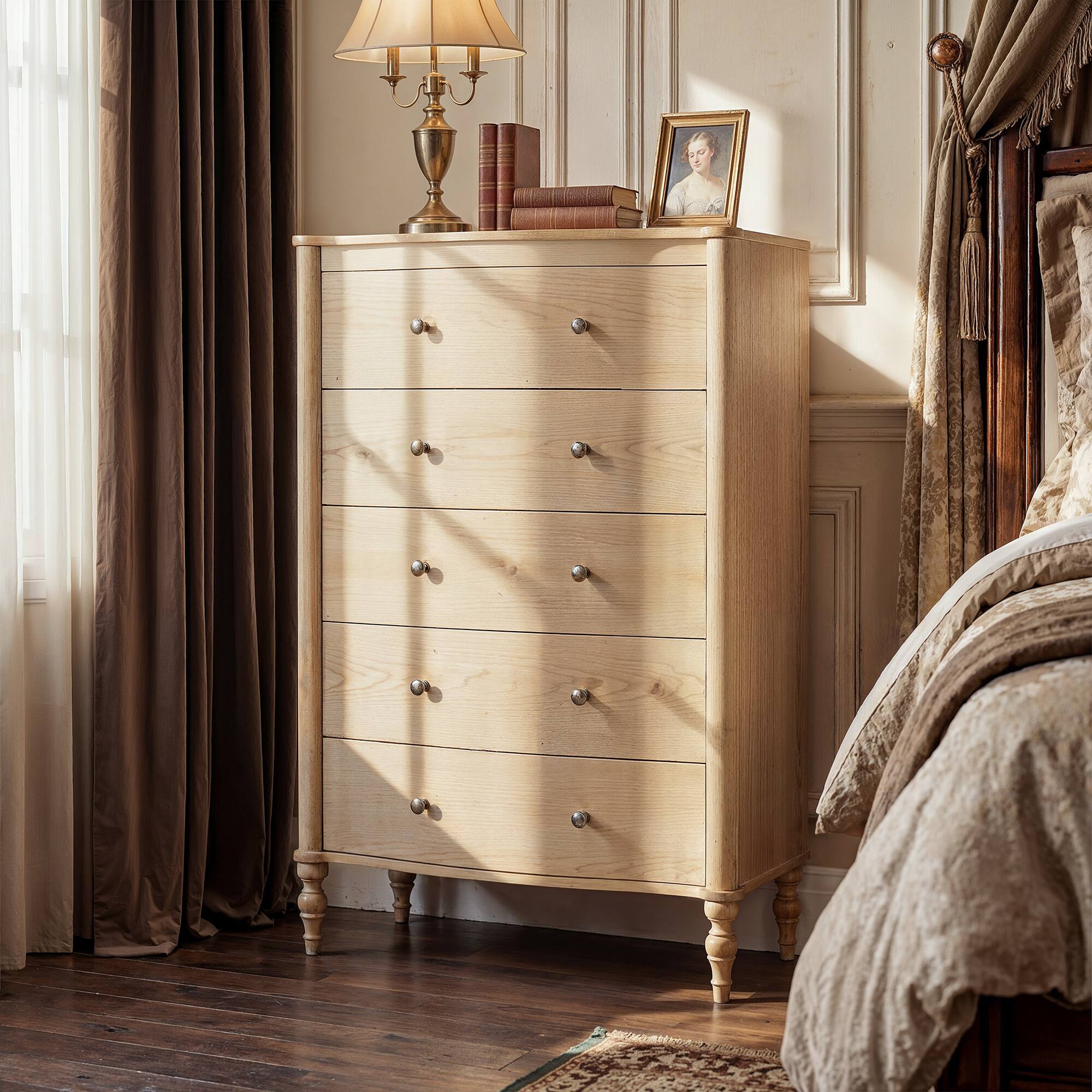 Angle. FUFU & GAGA - Curved 5-Drawer Dresser - Light Wood Grain Storage Chest with Vintage Knobs for Bedroom, Nursery, Entryway, Living Room - Wooden.