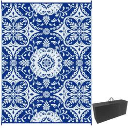 Outsunny - Outdoor Rug for Patio, 9' x 12' Waterproof Large Mat, Reversible Plastic Straw Rug for Decor - Blue and White Floral