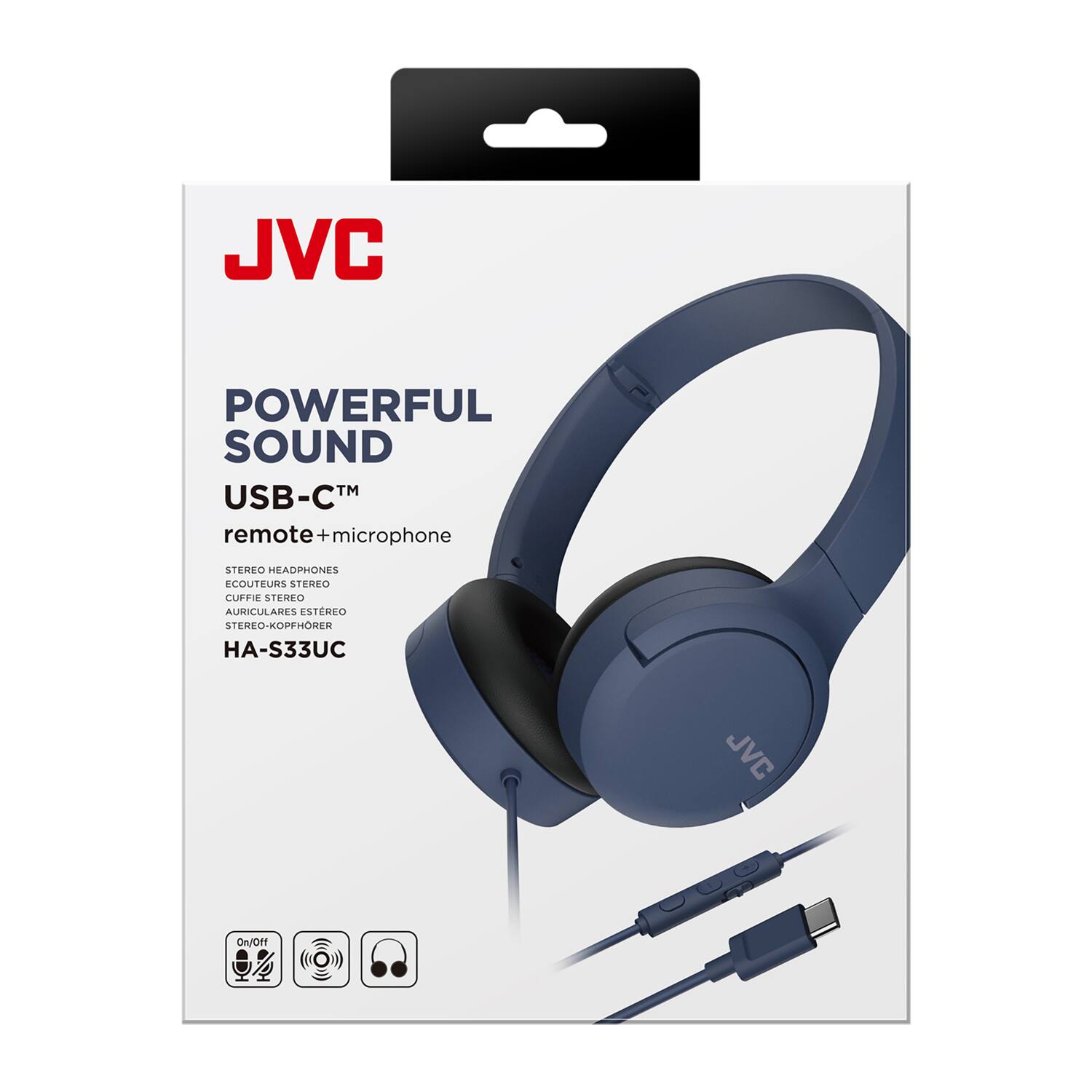 JVC

POWERFUL SOUND  
USB-C™  
remote + microphone  

STEREO HEADPHONES  
ECOUTEURS STEREO  
AURICULARES ESTEREO  
STEREO-KOPFHÖRER  
HA-S33UC  

On/Off