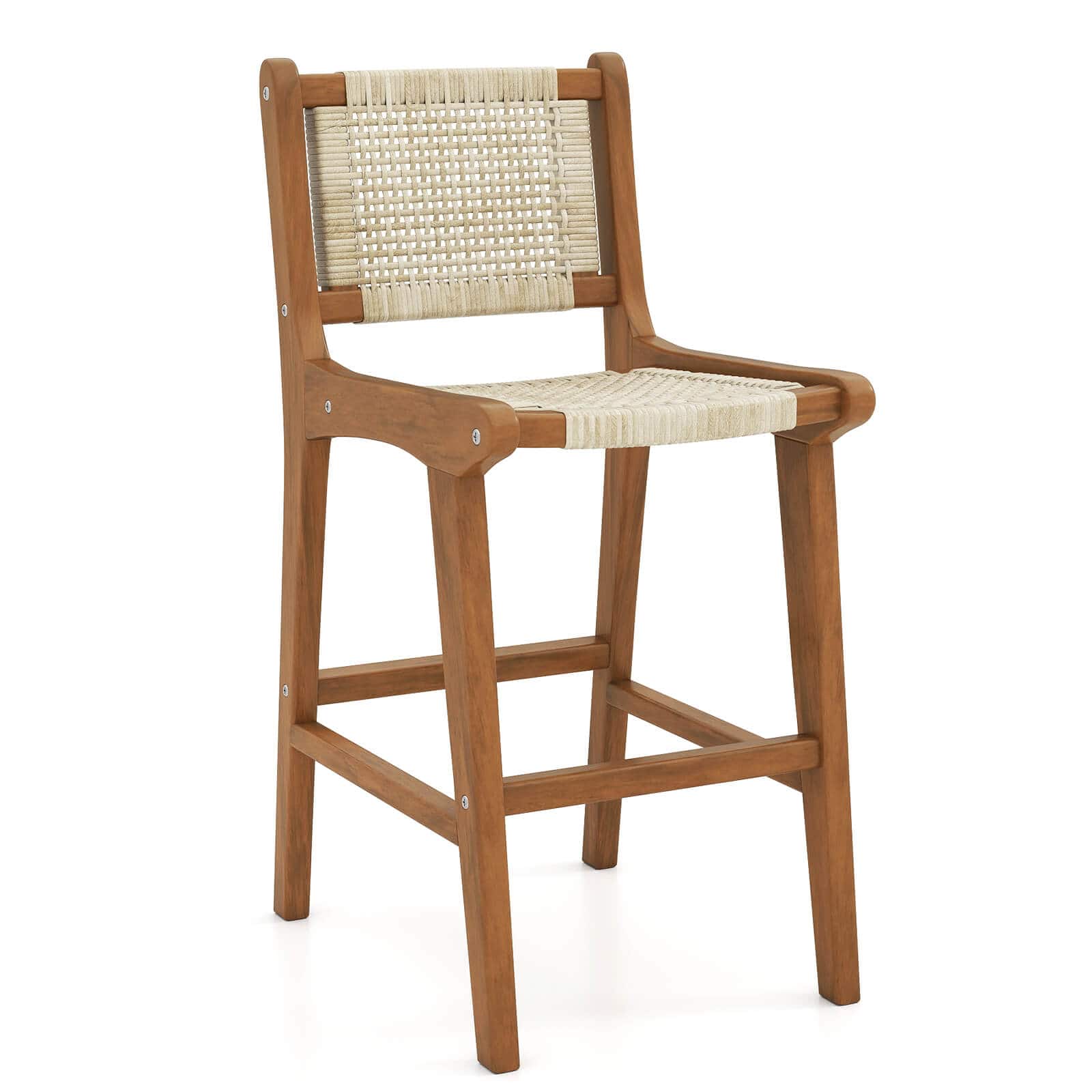 Costway - Coatway 1 PCS Outdoor Counter Height Bar Stool with Teak Wood Frame Back &Footrest for Balcony - Natural