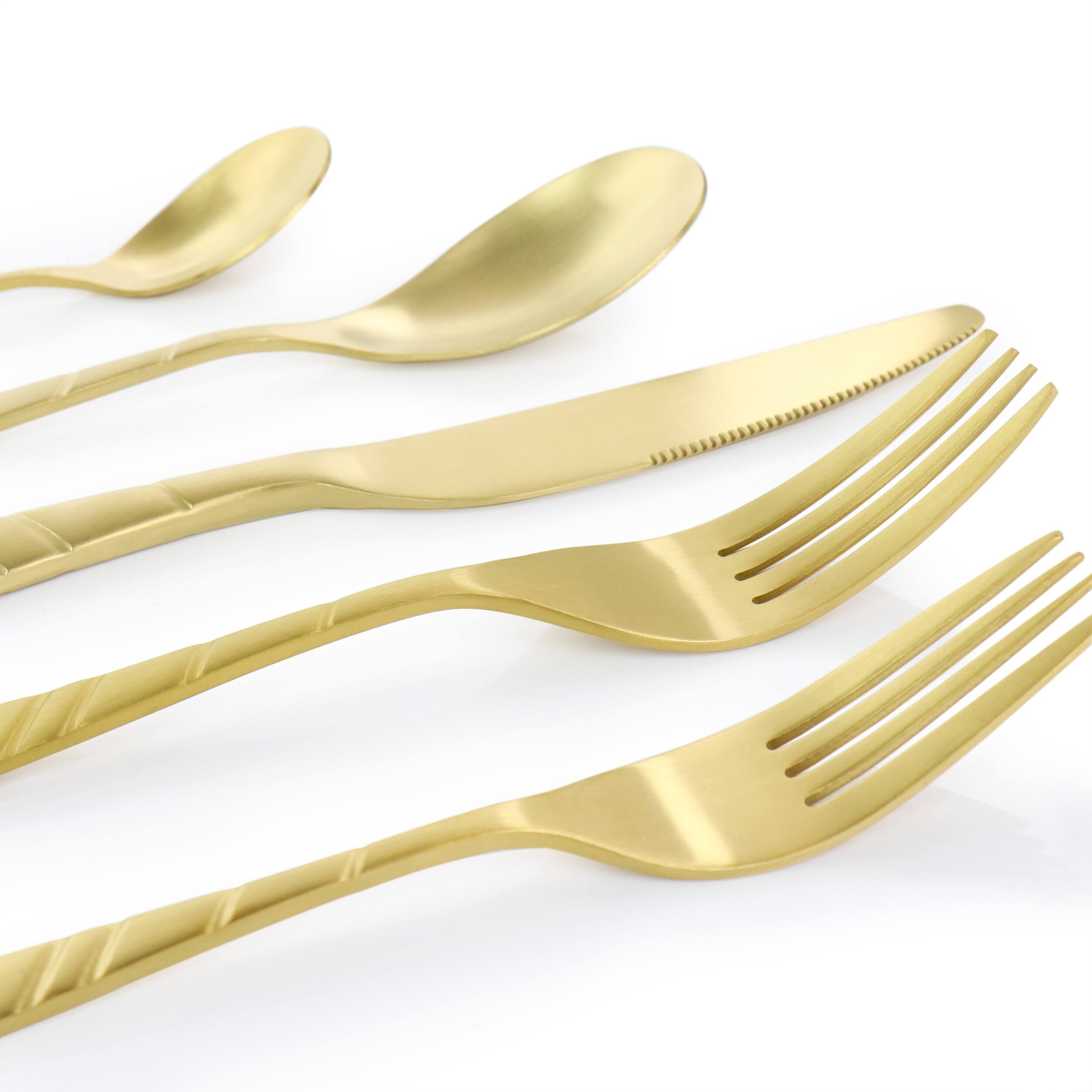 Alt View 4. MegaChef - Megachef La Vague 20 Piece Flatware Utensil Set, Stainless Steel Silverware Metal Service for 4 in Matte Gold - Gold.