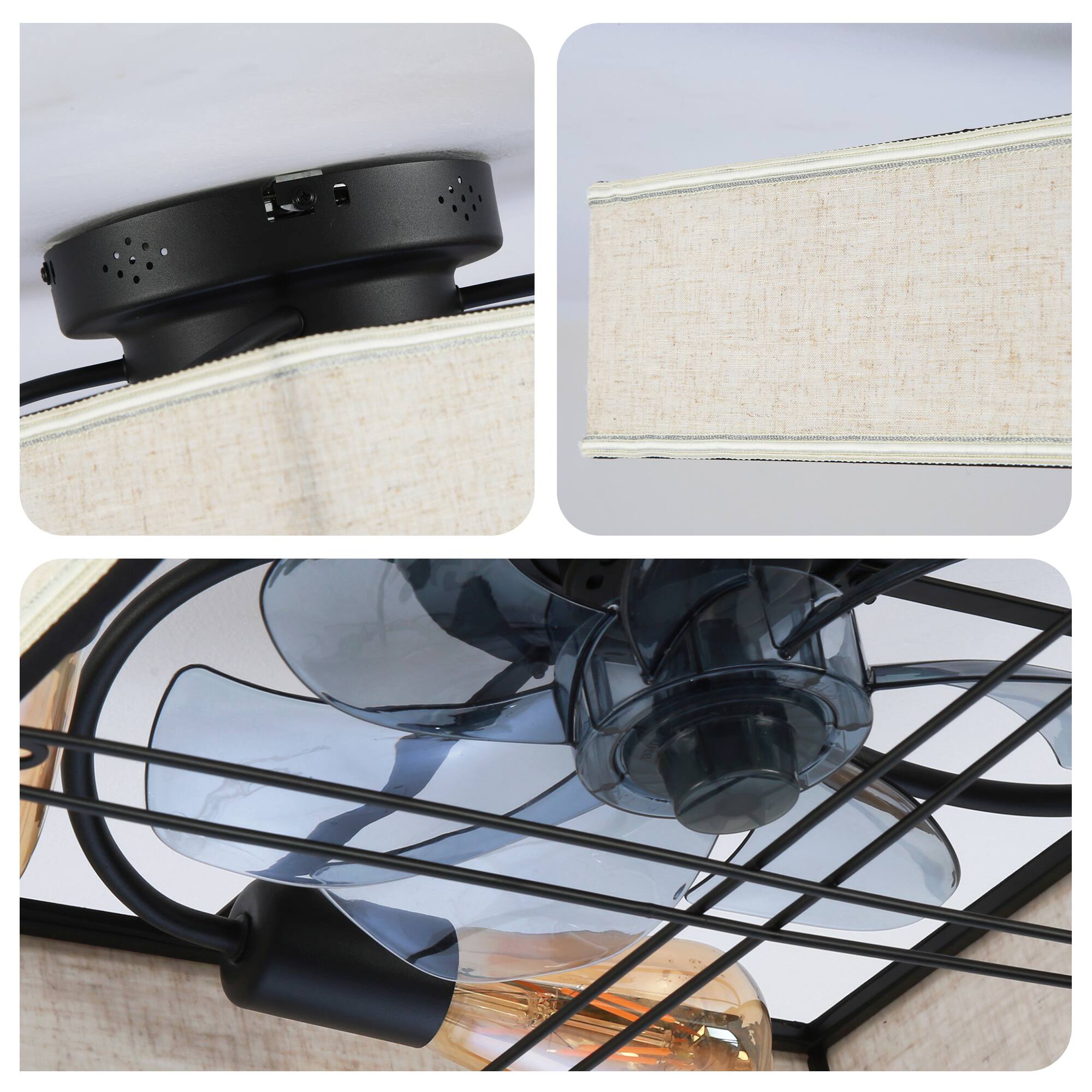 Alt View 7. Sofucor - Square Flush Mount Caged Ceiling Fan Low Profile Fabric Farmhouse Bladeless Fan with Remote Modern Enclosed Fandelier - Black.