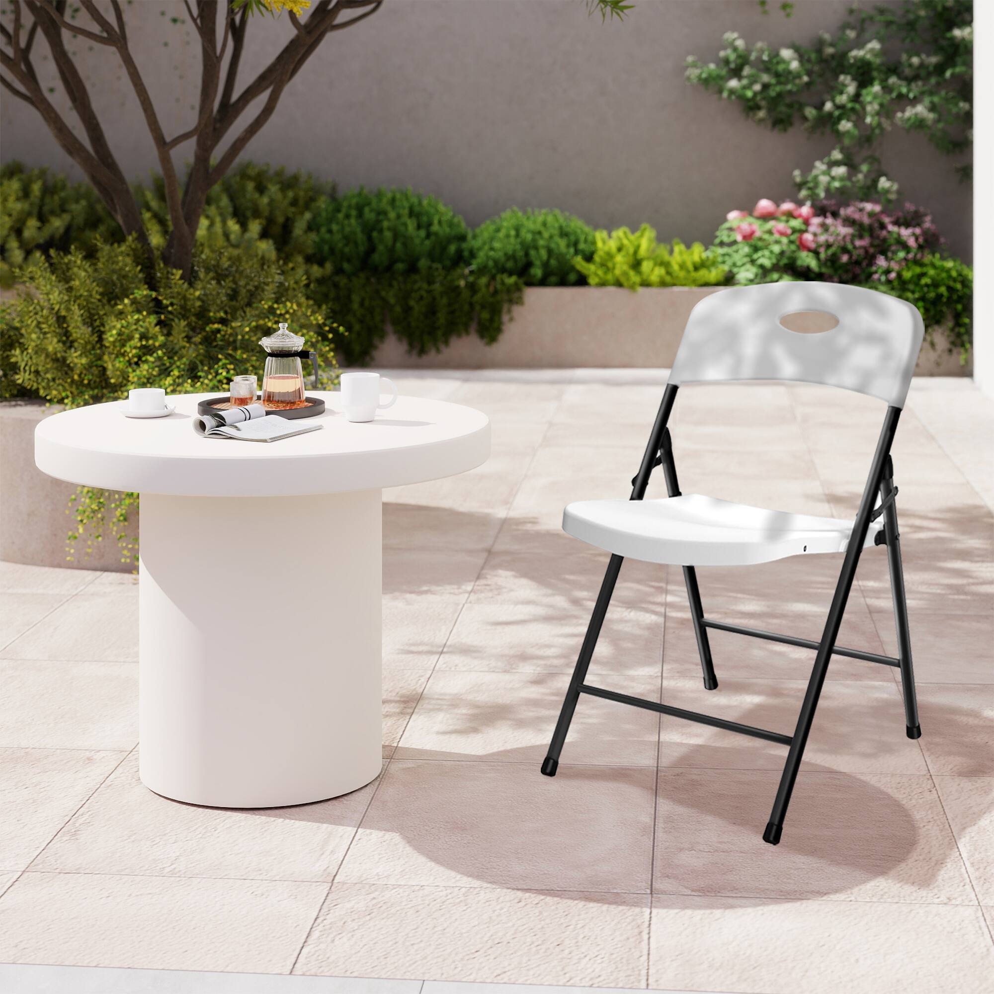 Angle. Decksplore - Portable Folding Chair 4-Piece Set Outdoor Plastic Sturdy Metal Folding Chair Heavy-Duty Folding Commercial Seating - White.