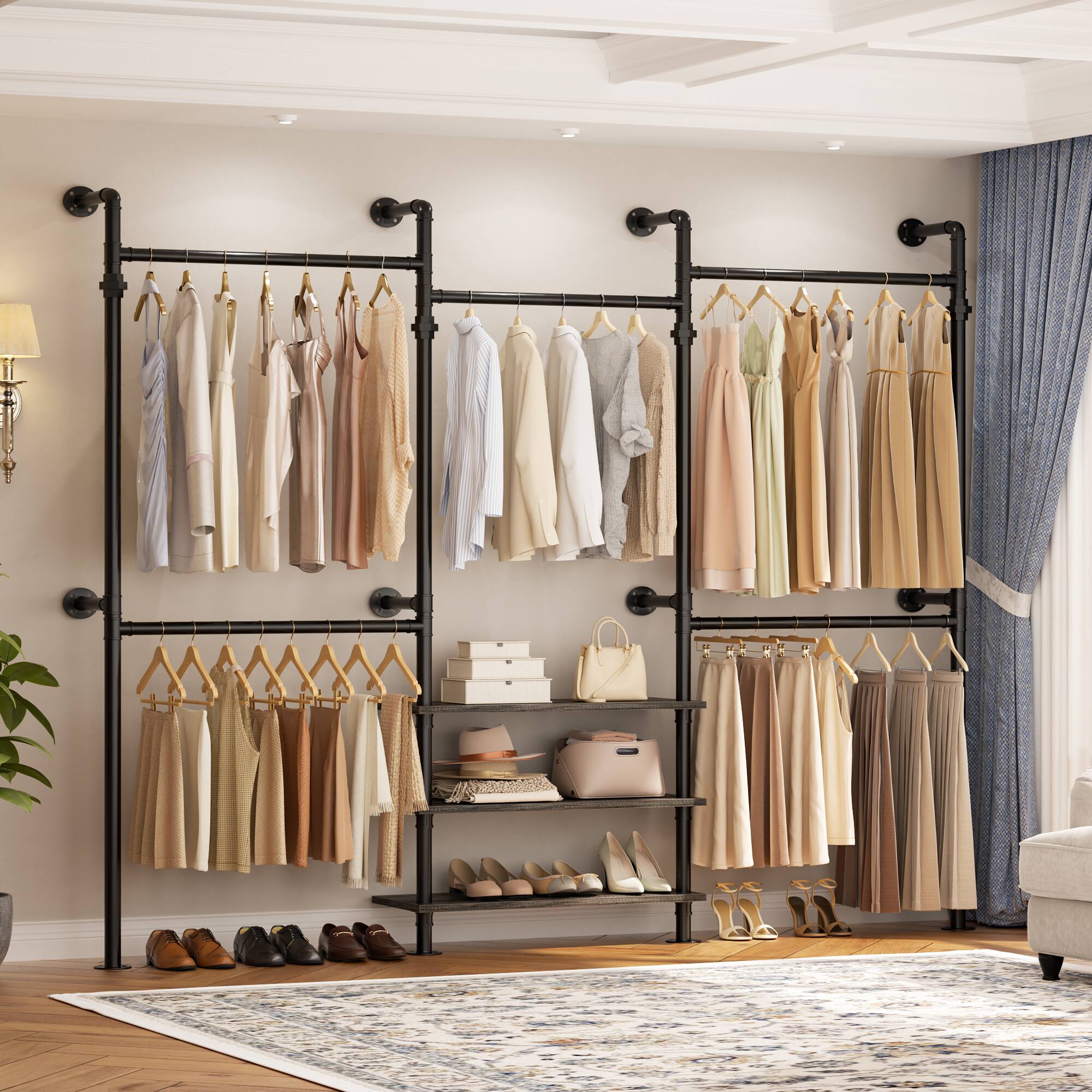 Angle. Aheaplus - Adjustable Wall-Mounted Metal Clothing Rack: 3-Tier Wood Shelves, 84"-128", 1000LB Capacity - Gray Oak.