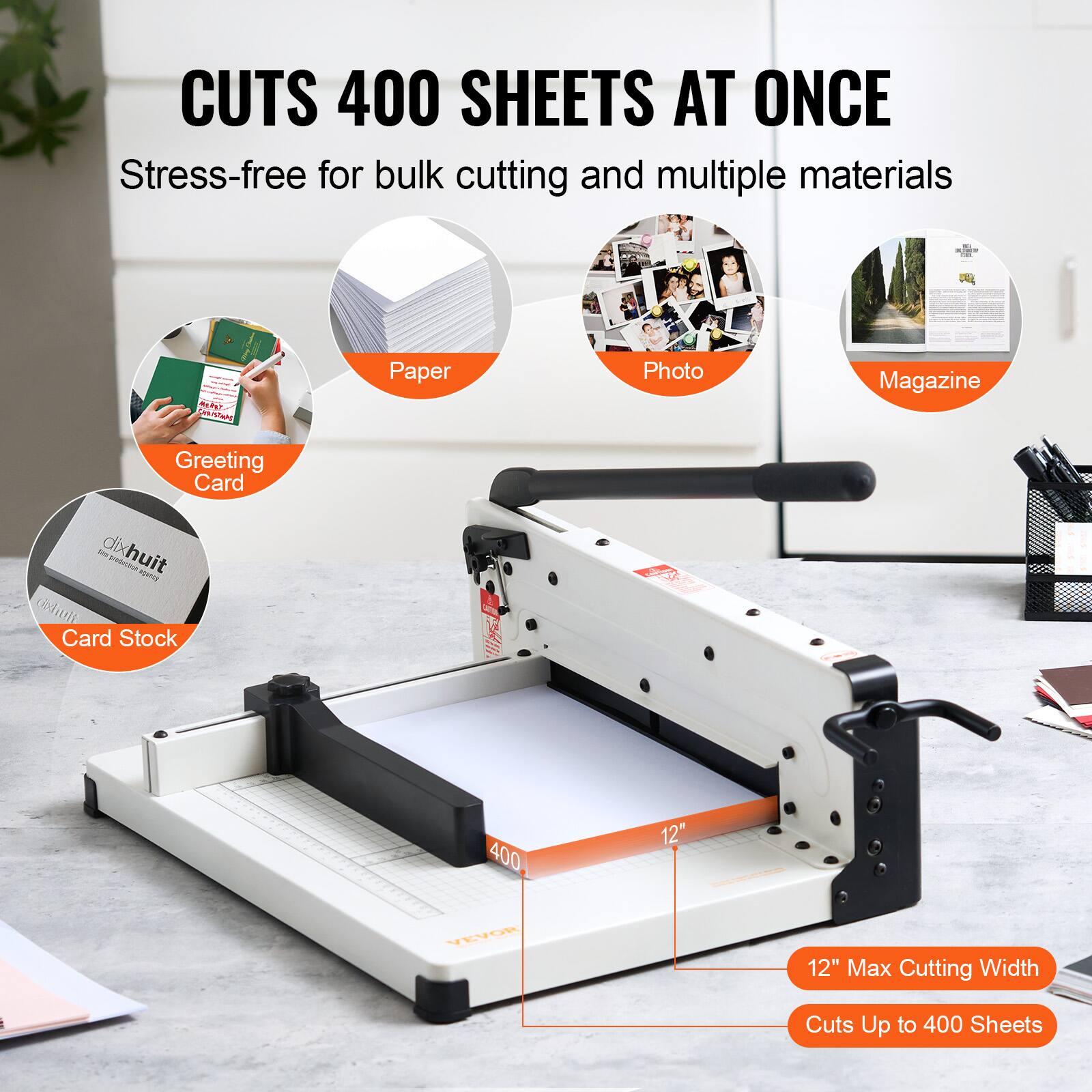 CUTS 400 SHEETS AT ONCE  
Stress-free for bulk cutting and multiple materials  

- Paper  
- Photo  
- Magazine  
- Greeting Card  
- Card Stock  

12" Max Cutting Width  
Cuts Up to 400 Sheets