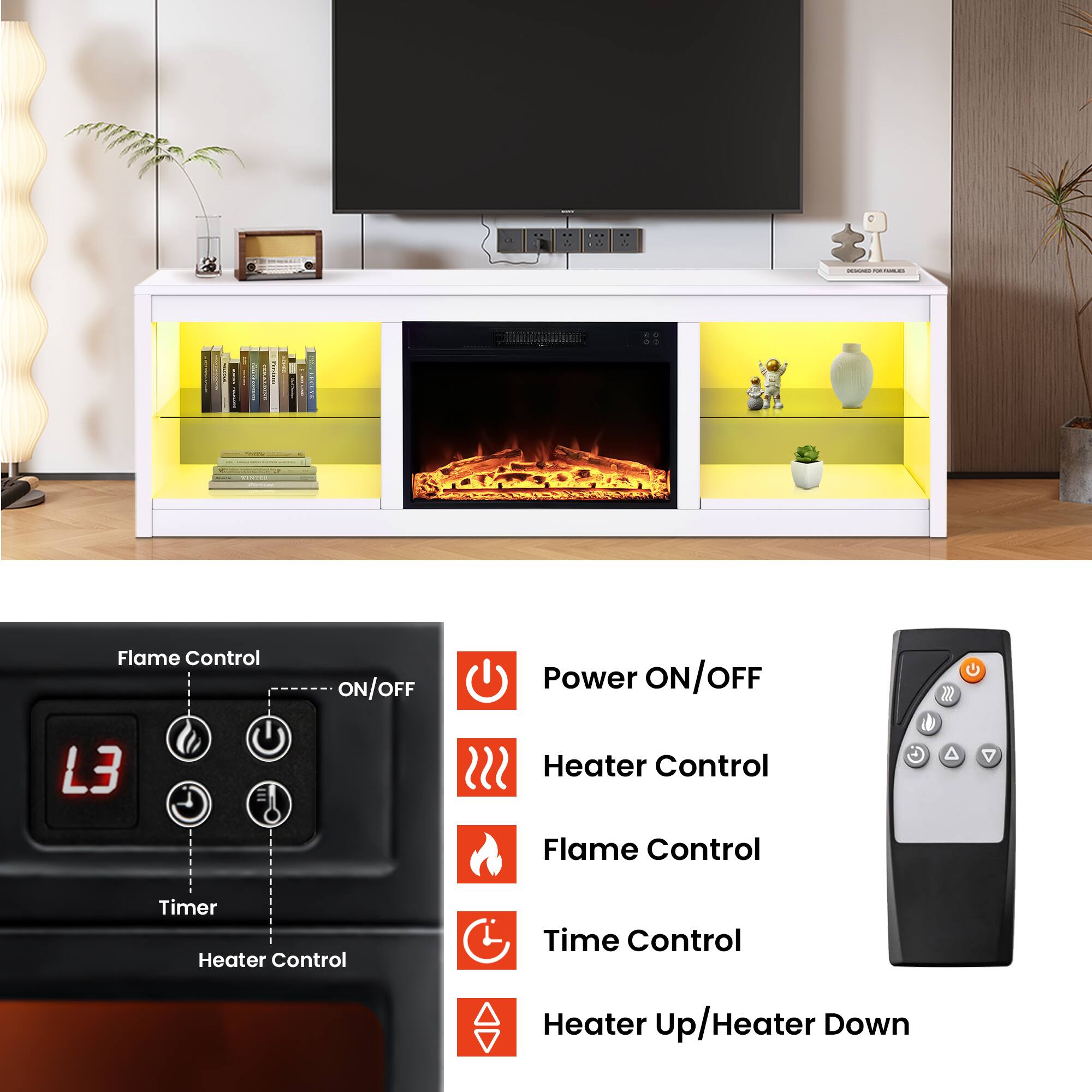- Power ON/OFF
- Heater Control
- Flame Control
- Time Control
- Heater Up/Heater Down

Flame Control ON/OFF  
Power ON/OFF  
M L3 Heater Control  
V Flame Control Timer  
Heater Control Time Control  
Heater Up/Heater Down