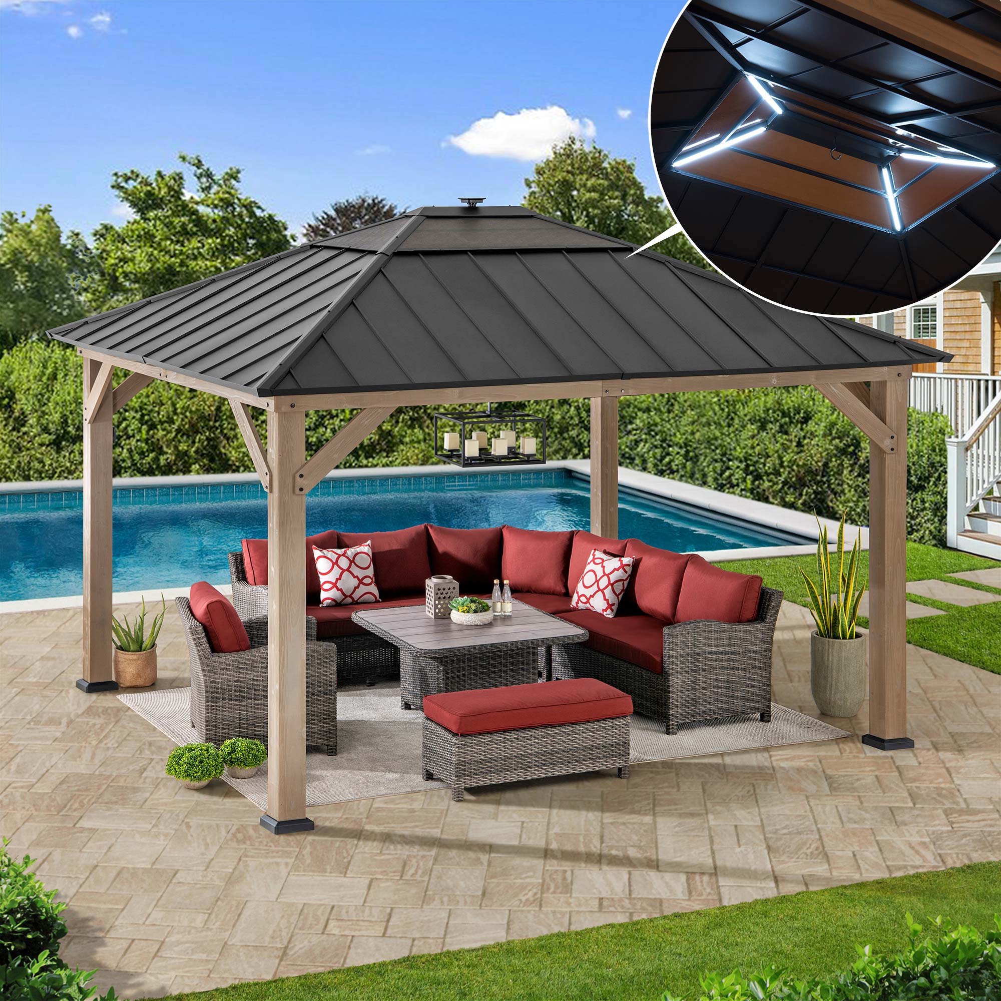 Alt View 4. SUNJOY - Sunjoy 11 ft. x 13 ft. Cedar Framed Gazebo with Steel and Polycarbonate Hip Roof with Solar Powered LED lights - Brown - Brown.