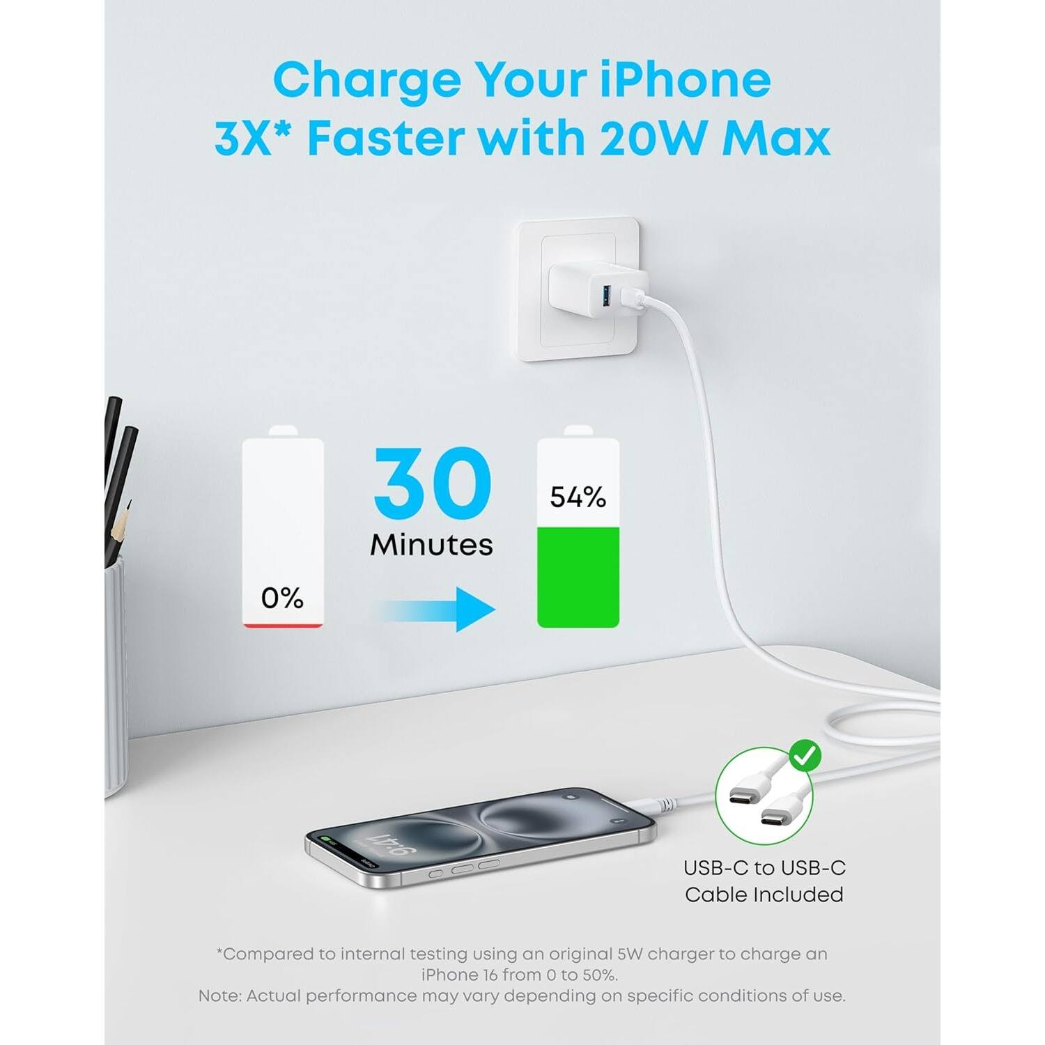 Charge Your iPhone 3X* Faster with 20W Max
30 Minutes 54% 0%
USB-C to USB-C Cable Included
"Compared to internal testing using an original 5W charger to charge an iPhone 16 from 0 to 50%
Note: Actual performance may vary depending on specific conditions of use.