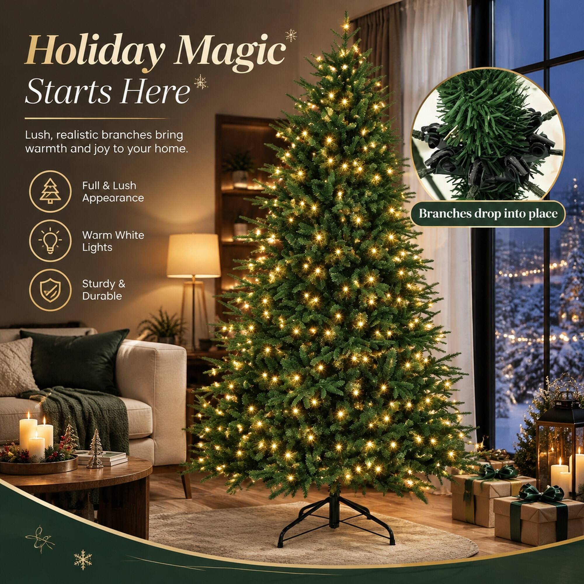 Holiday Magic Starts Here

Lush, realistic branches bring warmth and joy to your home.

- Full & Lush Appearance
- Warm White Lights
- Sturdy & Durable

Branches drop into place