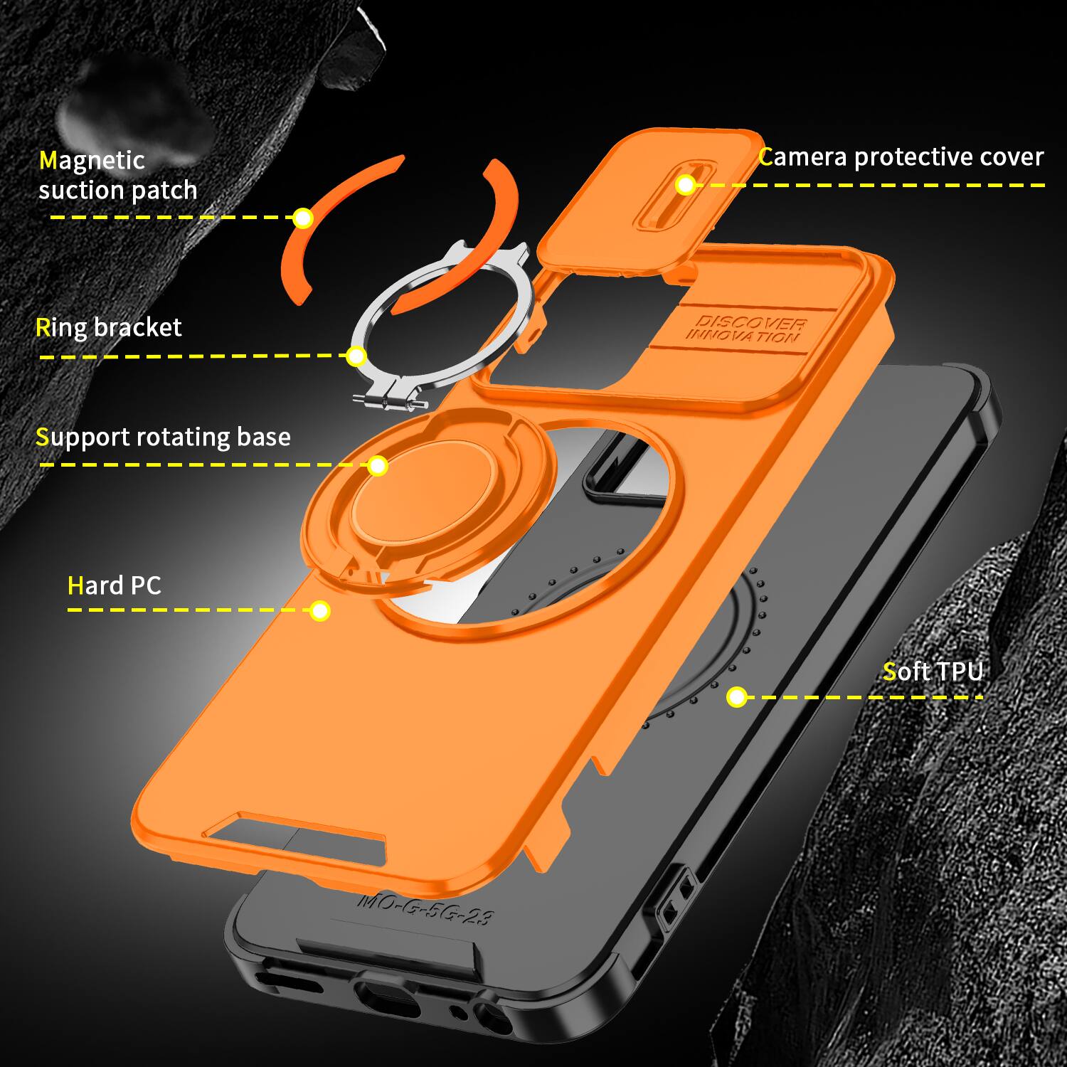 Magnetic suction patch  
Camera protective cover  
Ring bracket  
DISCOVER INNOVATION  
Support rotating base  
Hard PC  
Soft TPU  
MO-G-5G-23