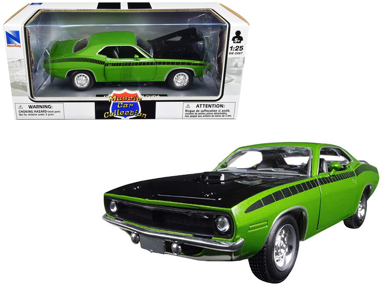 "1970 Plymouth Barracuda Green with Black Hood and Stripes ""Muscle Car Collection"" 1/25 Diecast Model Car by New Ray" price history on PriceWatchPro
