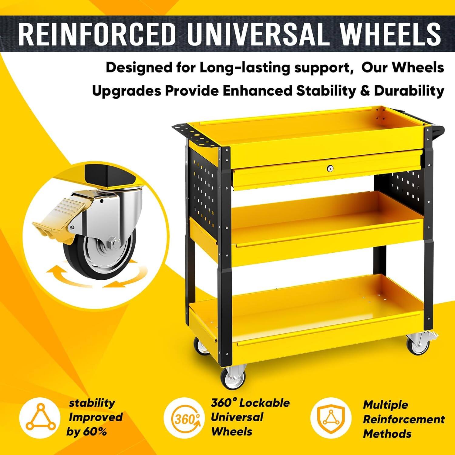 REINFORCED UNIVERSAL WHEELS

Designed for Long-lasting support, Our Wheels Upgrades Provide Enhanced Stability & Durability

- Stability Improved by 60%
- 360° Lockable Universal Wheels
- Multiple Reinforcement Methods