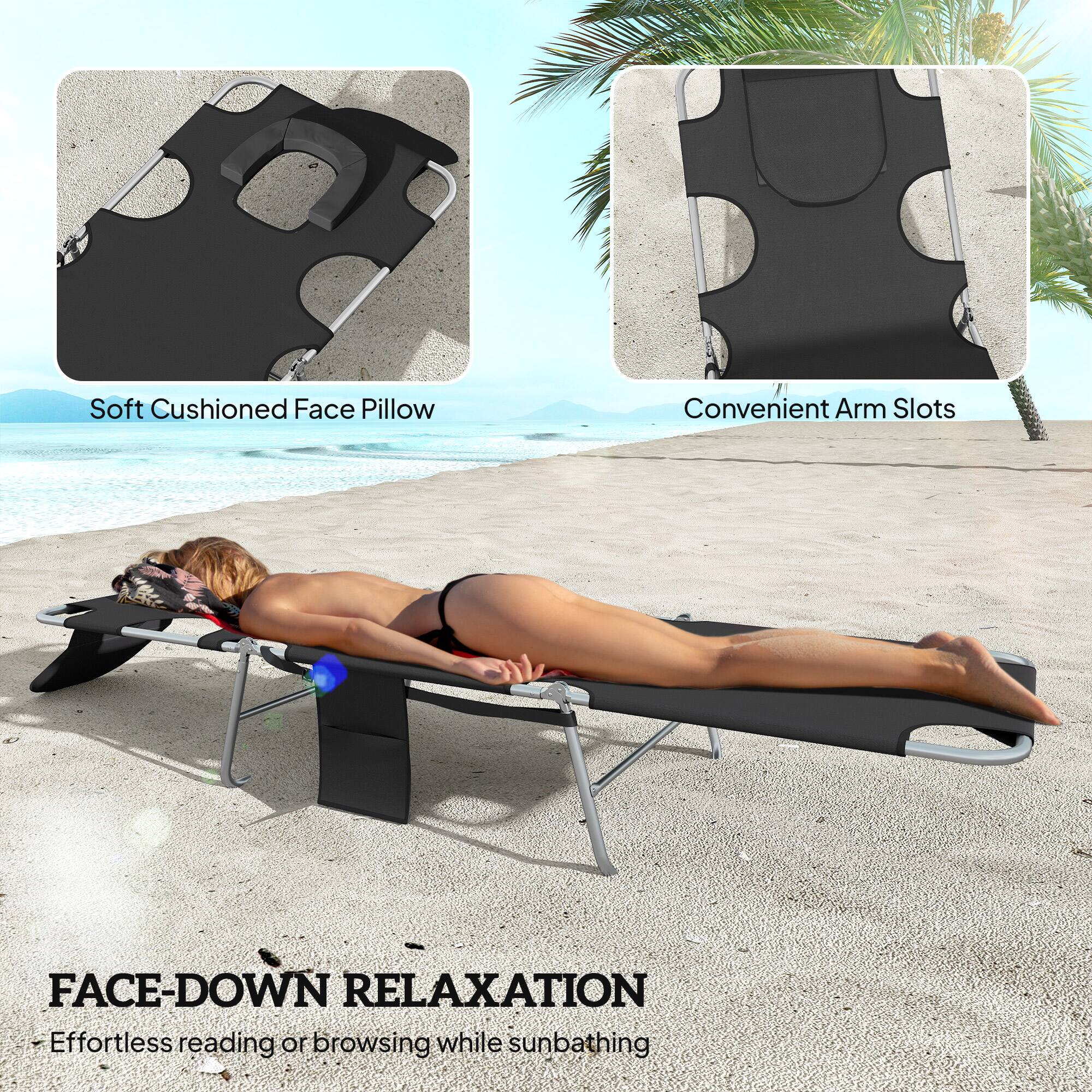 Soft Cushioned Face Pillow  
Convenient Arm Slots  

FACE-DOWN RELAXATION  
Effortless reading or browsing while sunbathing