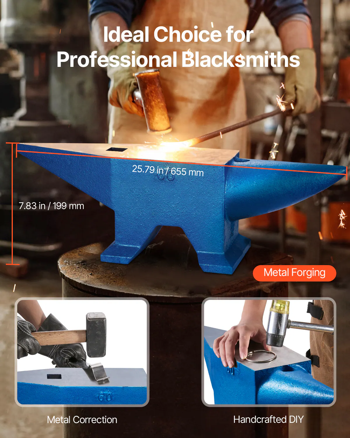 Ideal Choice for Professional Blacksmiths

25.79 in / 655 mm  
7.83 in / 199 mm

Metal Forging  
Metal Correction  
Handcrafted DIY
