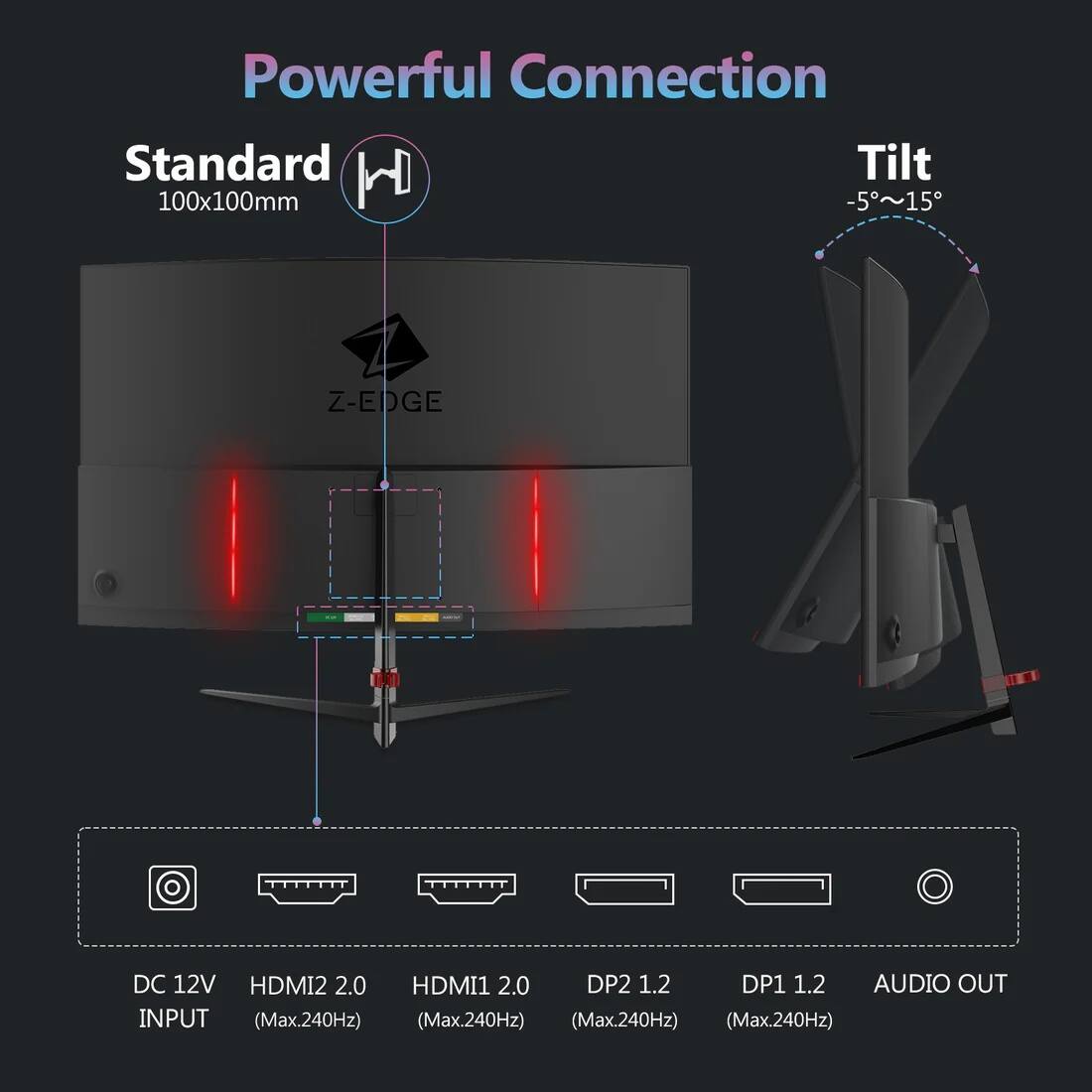 Powerful Connection

Standard  
100x100mm

Tilt  
-5°~15°

Z-EDGE

DC 12V INPUT  
HDMI2 2.0 (Max.240Hz)  
HDMI1 2.0 (Max.240Hz)  
DP2 1.2 (Max.240Hz)  
DP1 1.2 (Max.240Hz)  
AUDIO OUT