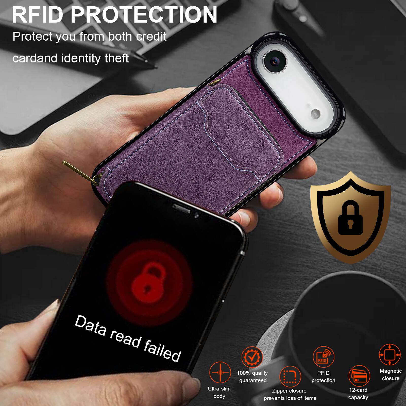 RFID PROTECTION  
Protect you from both credit card and identity theft  

Data read failed  

100% quality guaranteed protection  
Ultra-slim closure  
Zipper body prevents loss of items  
Magnetic closure  
12-card capacity  

RFID PROTECTION  
Protect you from both credit card and identity theft