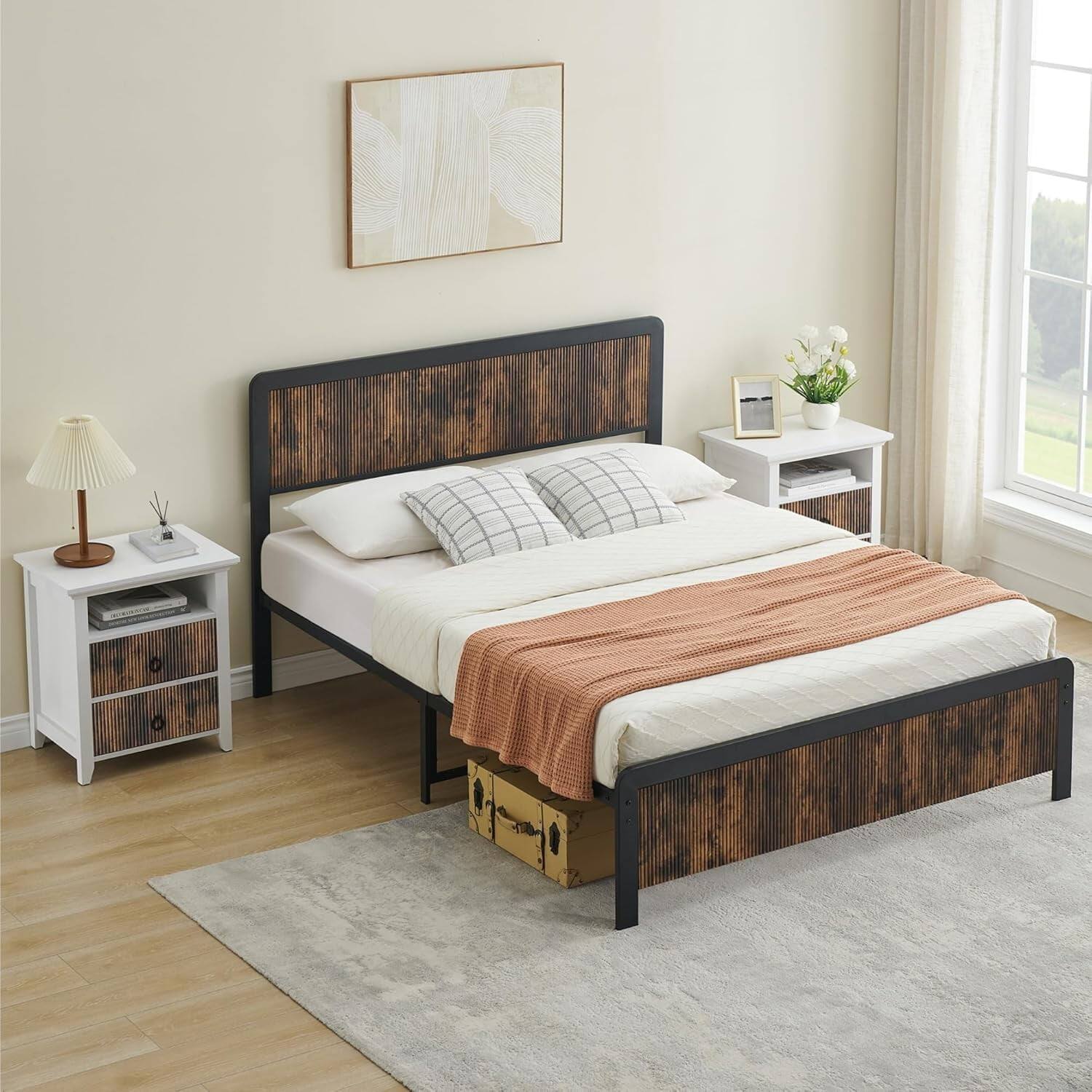 Alt View 2. GARVEE - Queen Metal Bed Frame Brown Curved Wood Headboard Under Bed Storage No Box Spring Easy Assembly - Brown Queen.
