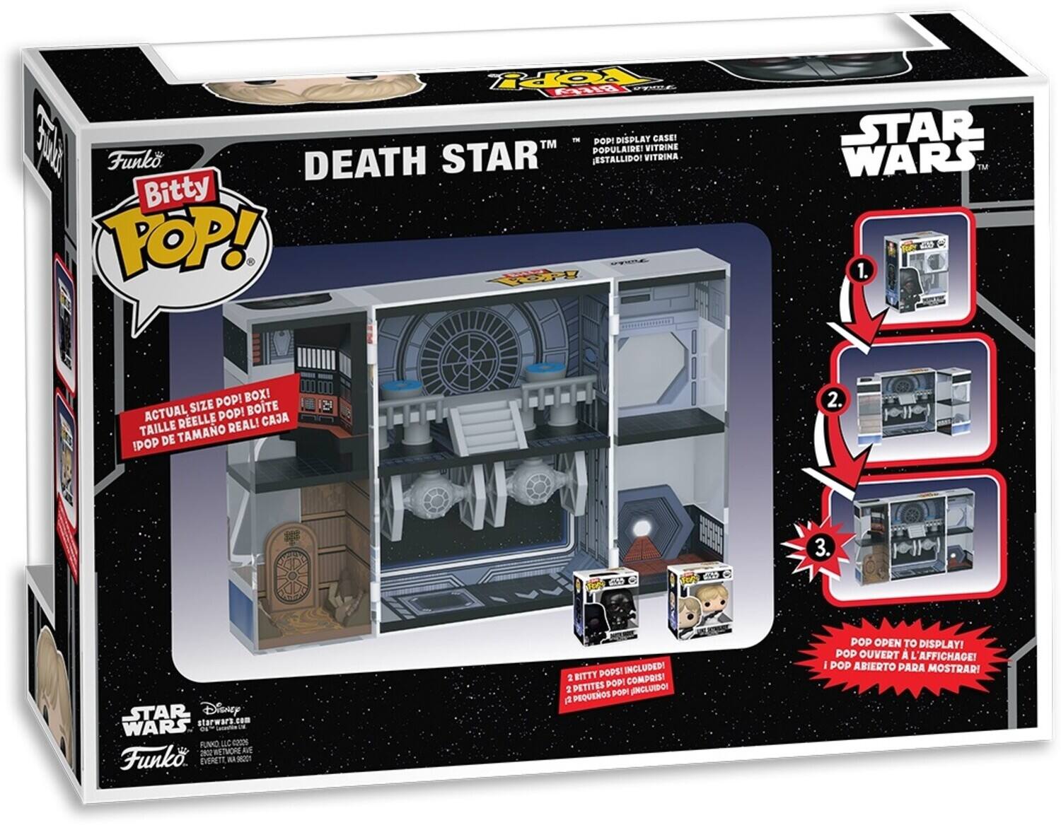 Funko Bitty POP! DEATH STAR™ POP! DISPLAY CASE! VITRINE POPULAIRE! Funko DEATH STAR ESTALLIDO! VITRINA Bitty POP! STAR WARS™ 1. POP! BOX! ACTUAL SIZE POP! BOITE RELLE REAL! CAJ TAILLE TAMANO IPOP DE 2. C0 D C 3. STAR Disney starwary.com WARS uhs - FUNKO LUE -200% 202 RE RETMORE AVE Funk EVERETT MA - POPSI INCLUDED! 2 BITTY COMPRIS! PETITES POPI  POP! UNCLUIDO!  PEQUEOS POP OPEN TO DISPLAY! POP OUVERT A L AFFICHAGE! I POP ABIERTO PARA MOSTRAR!