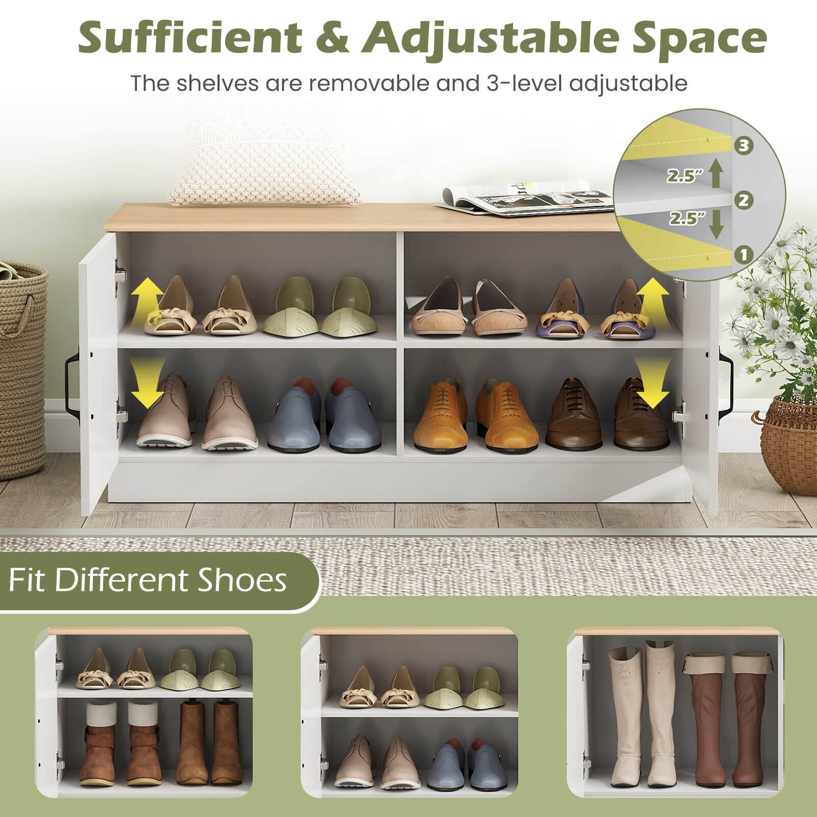 Sufficient & Adjustable Space  
The shelves are removable and 3-level adjustable  

Fit Different Shoes