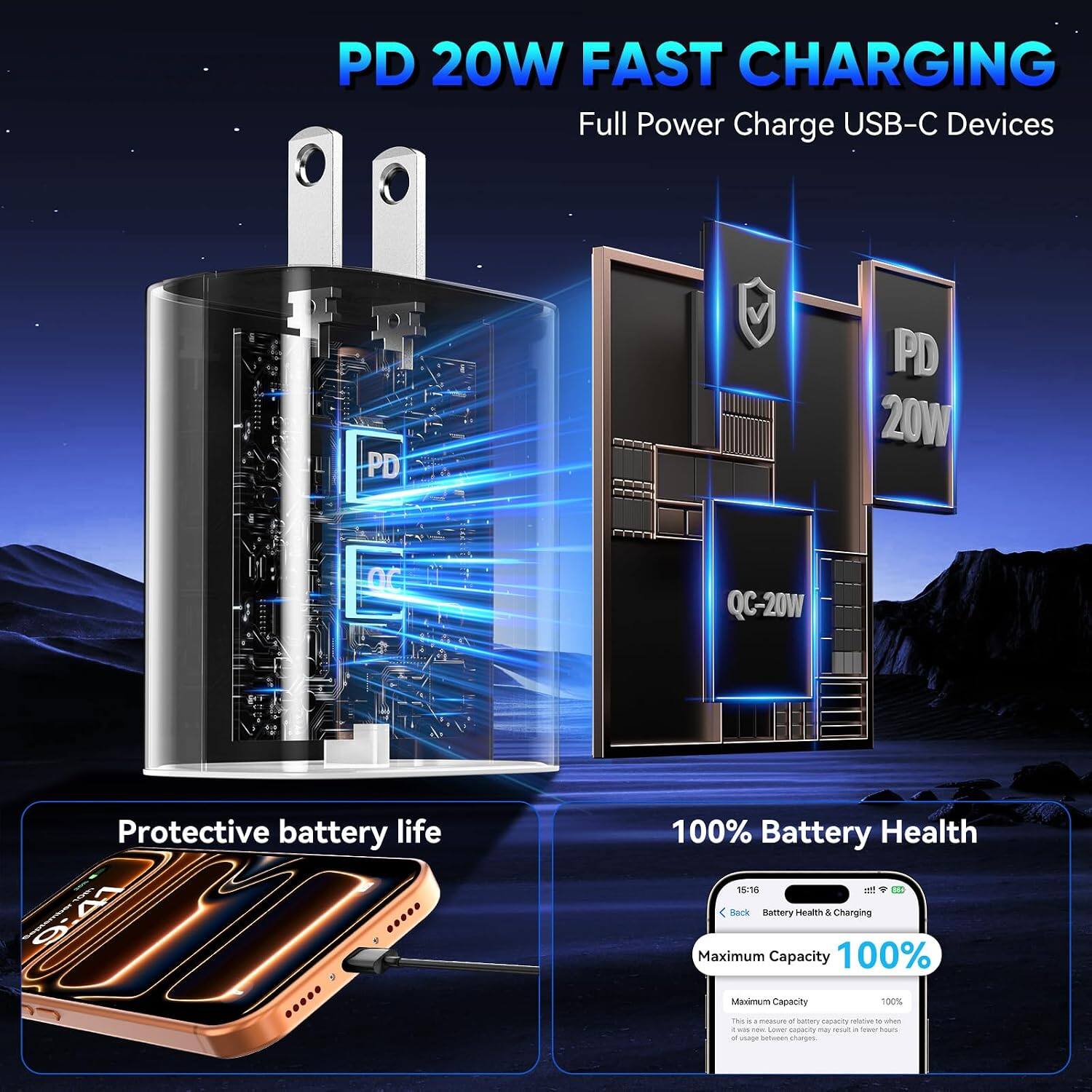 PD 20W FAST CHARGING  
Full Power Charge USB-C Devices

PD  
PD 20W  
QC-20W

Protective battery life  
100% Battery Health

Maximum Capacity 100%  
Maximum Capacity 100%

THE of : medium of sactacy capicity rective de when 0 THE - Lower capacity my resist a Your has of usage DeCopes changes.