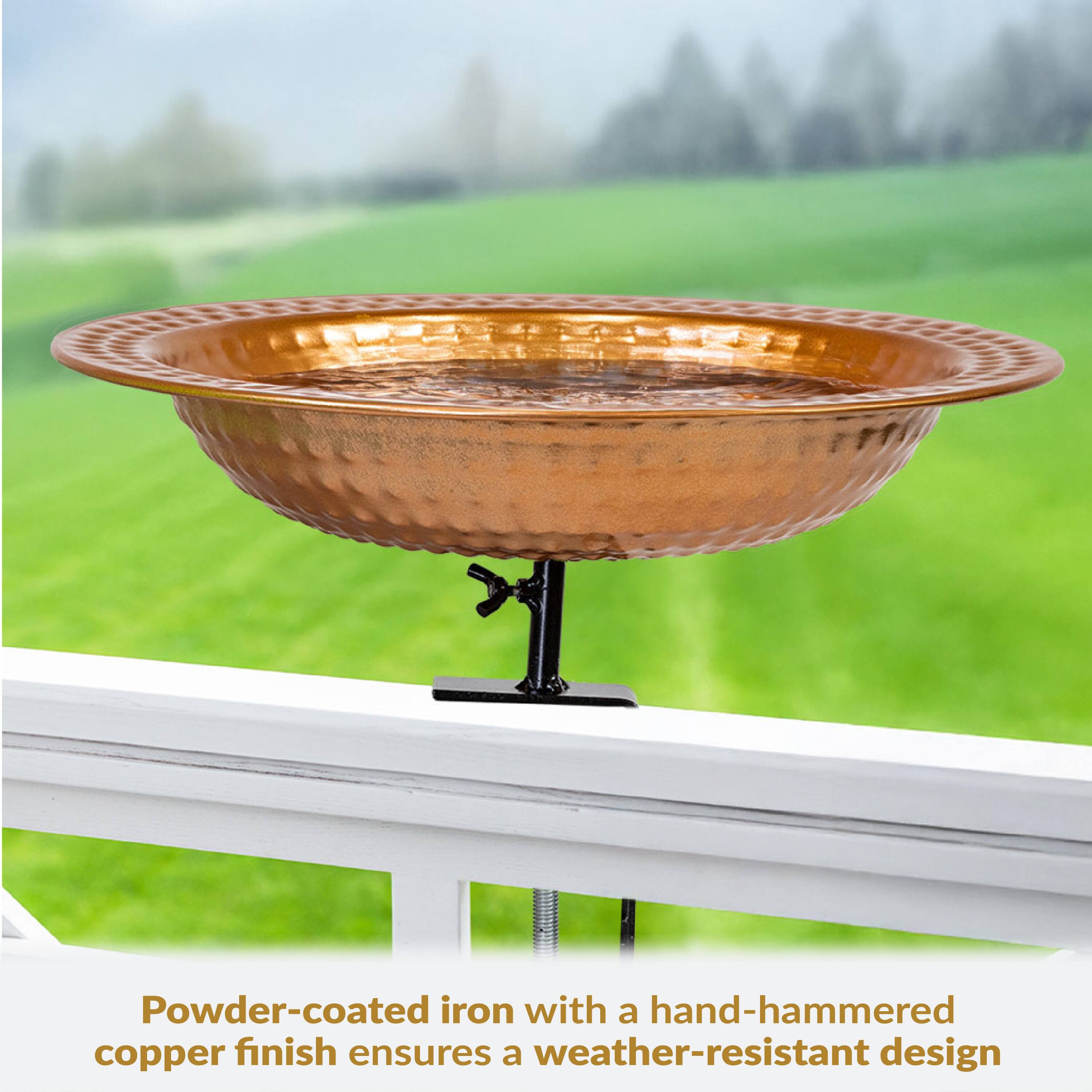Powder-coated iron with a hand-hammered copper finish ensures a weather-resistant design