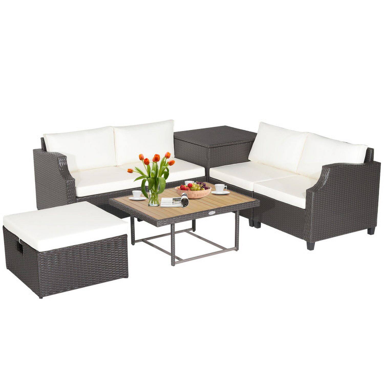 Angle. Kadyn - 7 Pcs Hand-Woven Wicker Outdoor Furniture Set with Acacia Wood Coffee Table-White, Patio Seating Conversation Set - White.