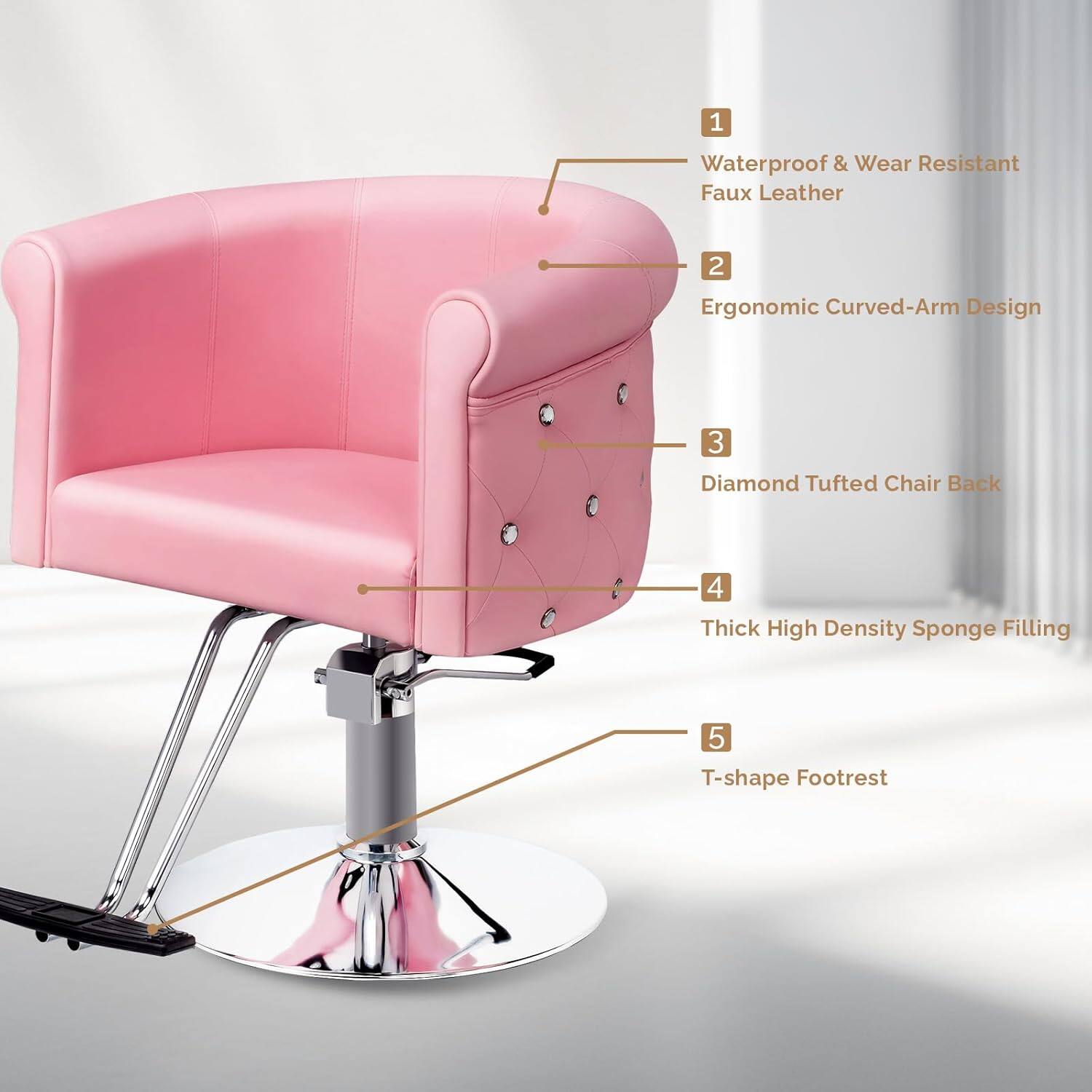 1. Waterproof & Wear Resistant Faux Leather  
2. Ergonomic Curved-Arm Design  
3. Diamond Tufted Chair Back  
4. Thick High Density Sponge Filling  
5. T-shape Footrest