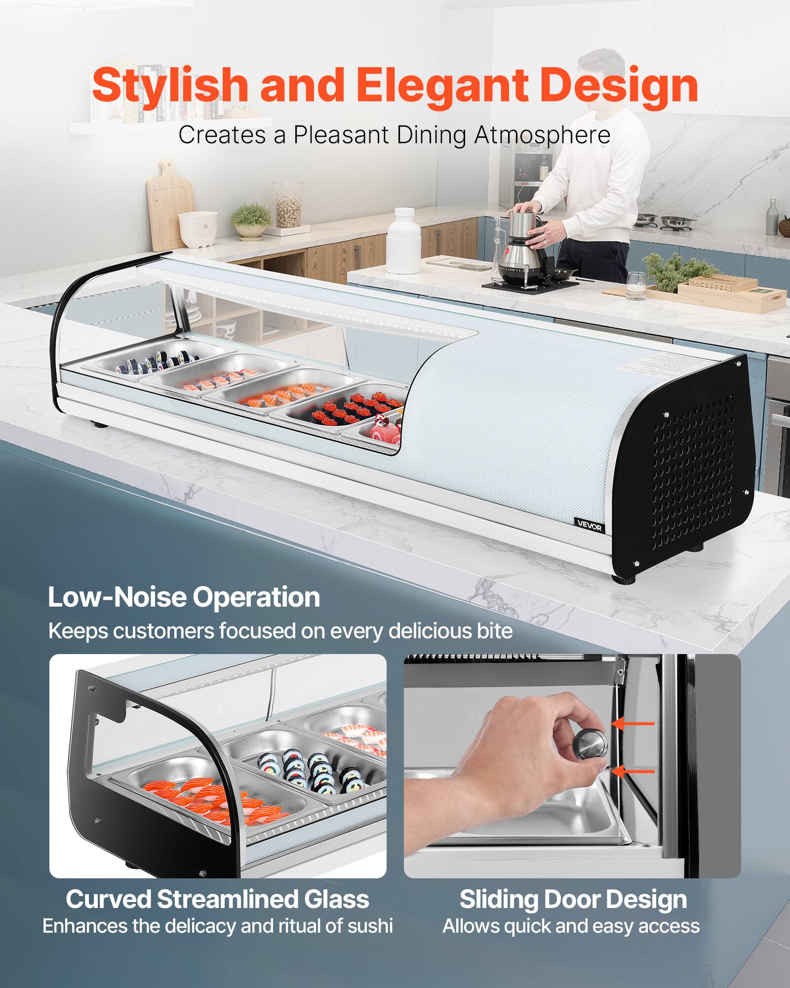 Stylish and Elegant Design  
Creates a Pleasant Dining Atmosphere  

Low-Noise Operation  
Keeps customers focused on every delicious bite  

Curved Streamlined Glass  
Enhances the delicacy and ritual of sushi  

Sliding Door Design  
Allows quick and easy access