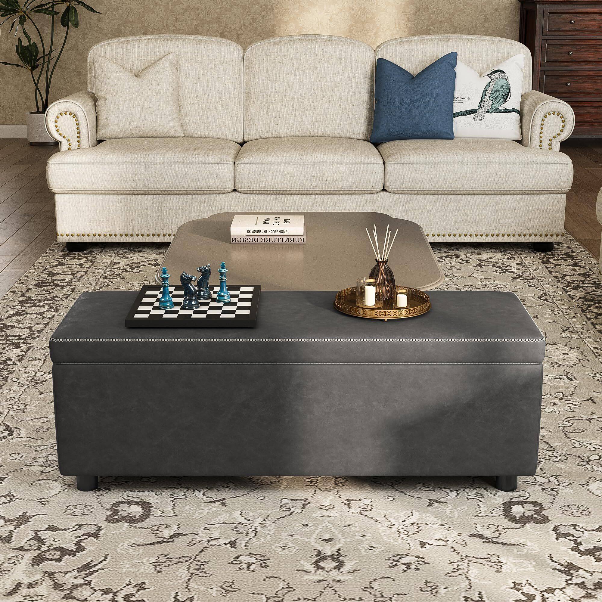 Alt View 6. Acekool - Storage Ottoman Bench, Ottoman Foot Rest, Mid-Century Modern, Synthetic Leather with Stitching, - Grey.
