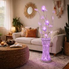 Front. FC Design - 37"H Changing Pink LED Floral Spray Table Lamp w/ Metallic Base.