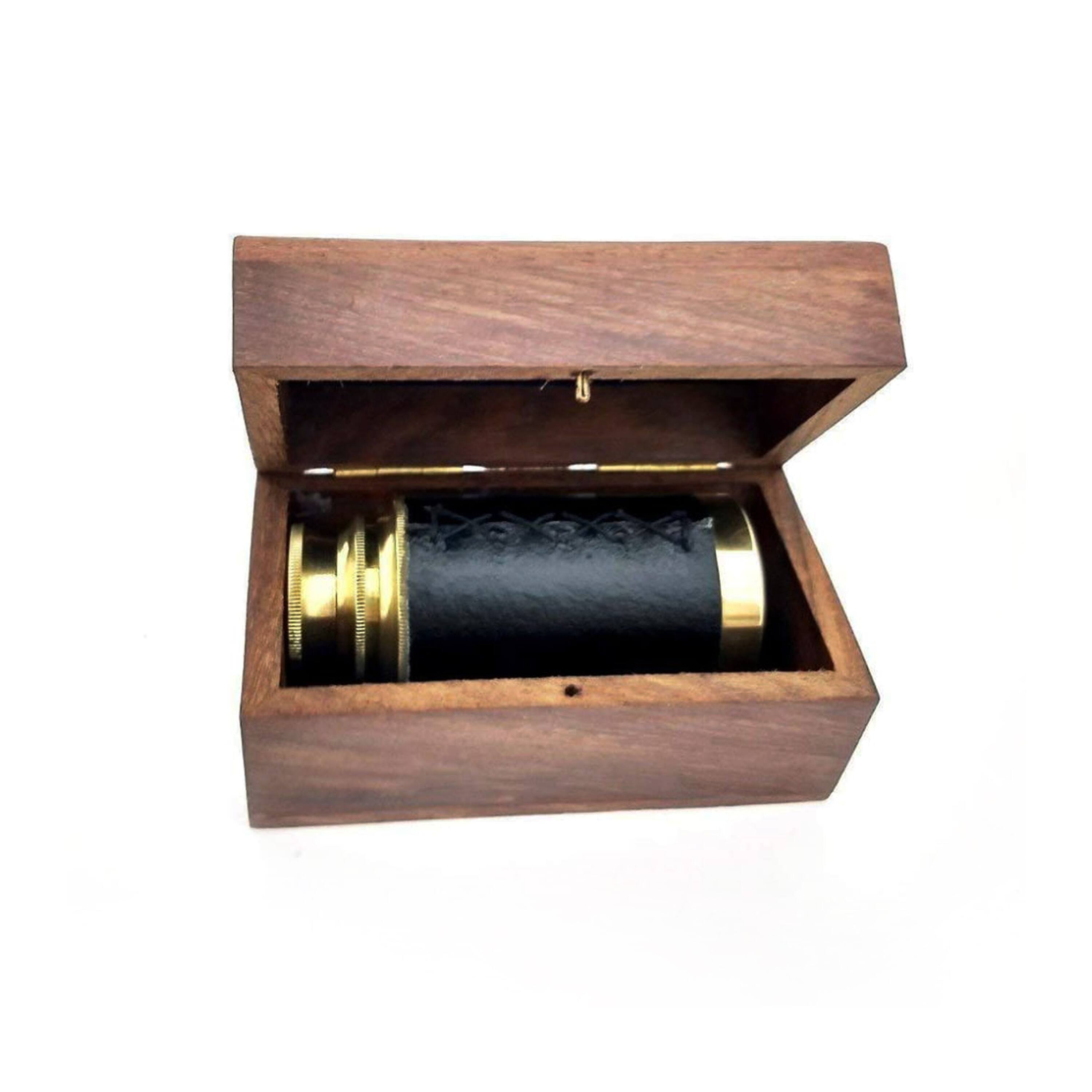 Alt View 2. Manhattan Lane - Small Brass Telescope with Pullout Wooden Box - Gold and Brown.