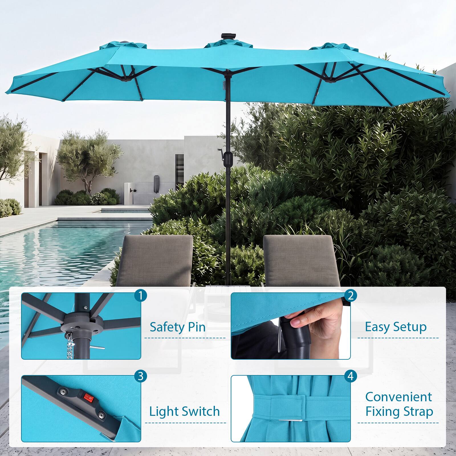 1. Safety Pin
2. Easy Setup
3. Light Switch
4. Convenient Fixing Strap
