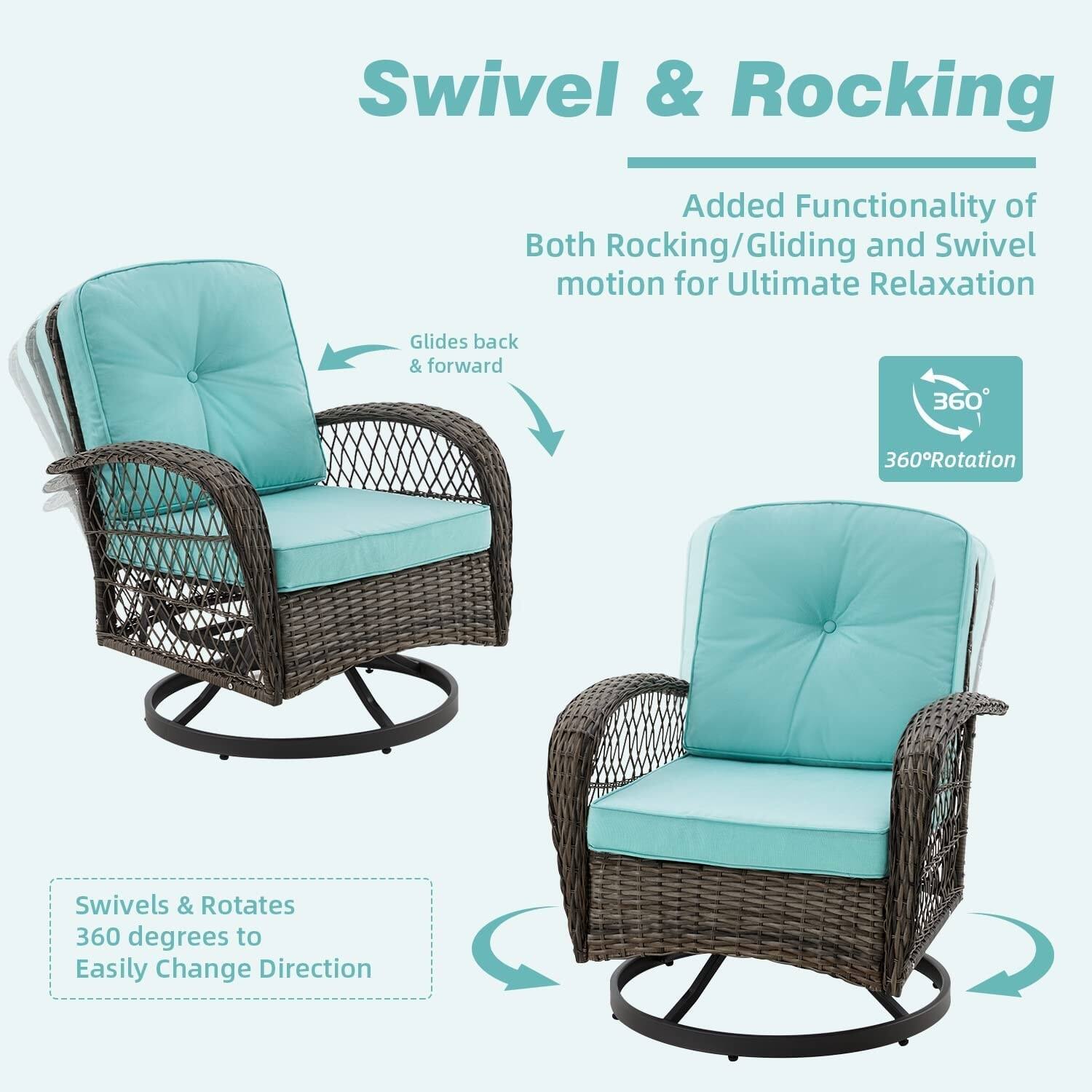 Swivel & Rocking

Added Functionality of Both Rocking/Gliding and Swivel motion for Ultimate Relaxation

Glides back & forward

360° Rotation

Swivels & Rotates 360 degrees to Easily Change Direction