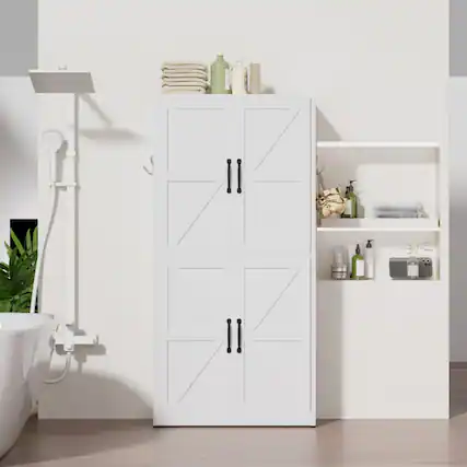 Front. ALEXOUN - Steel Pantry Storage Cabinet, with Adjustable Shelves, Heavy-Duty, Easy to Assemble for Kitchen, Bathroom, Living Room - White.