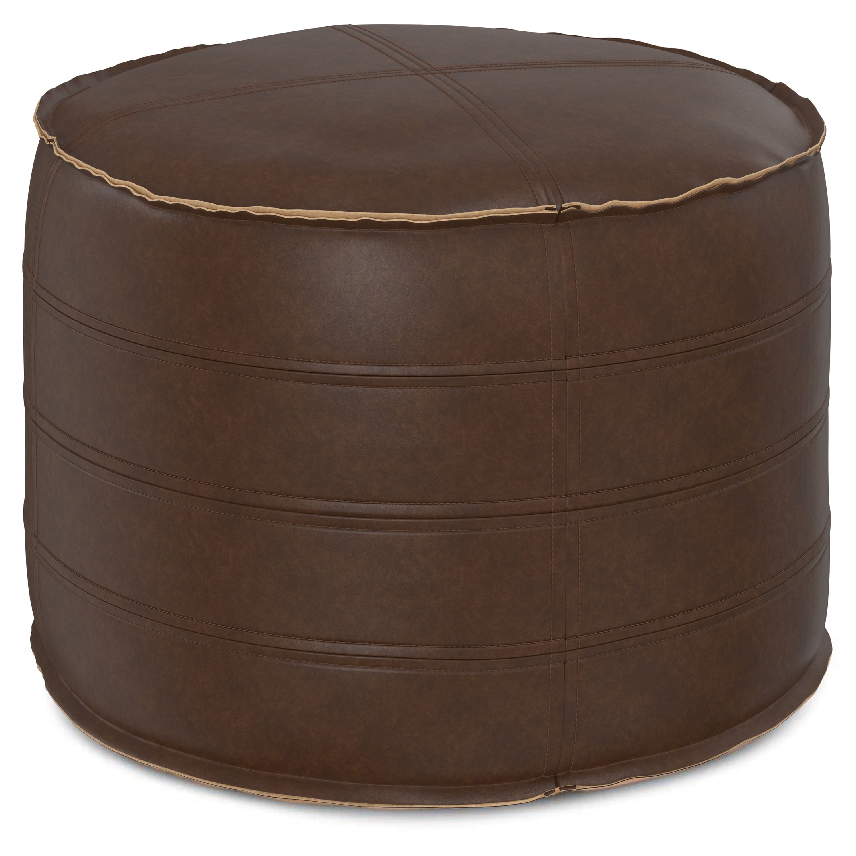 Angle. Simpli Home - Brody 20 Inch Round Pouf - Distressed Dark Brown.