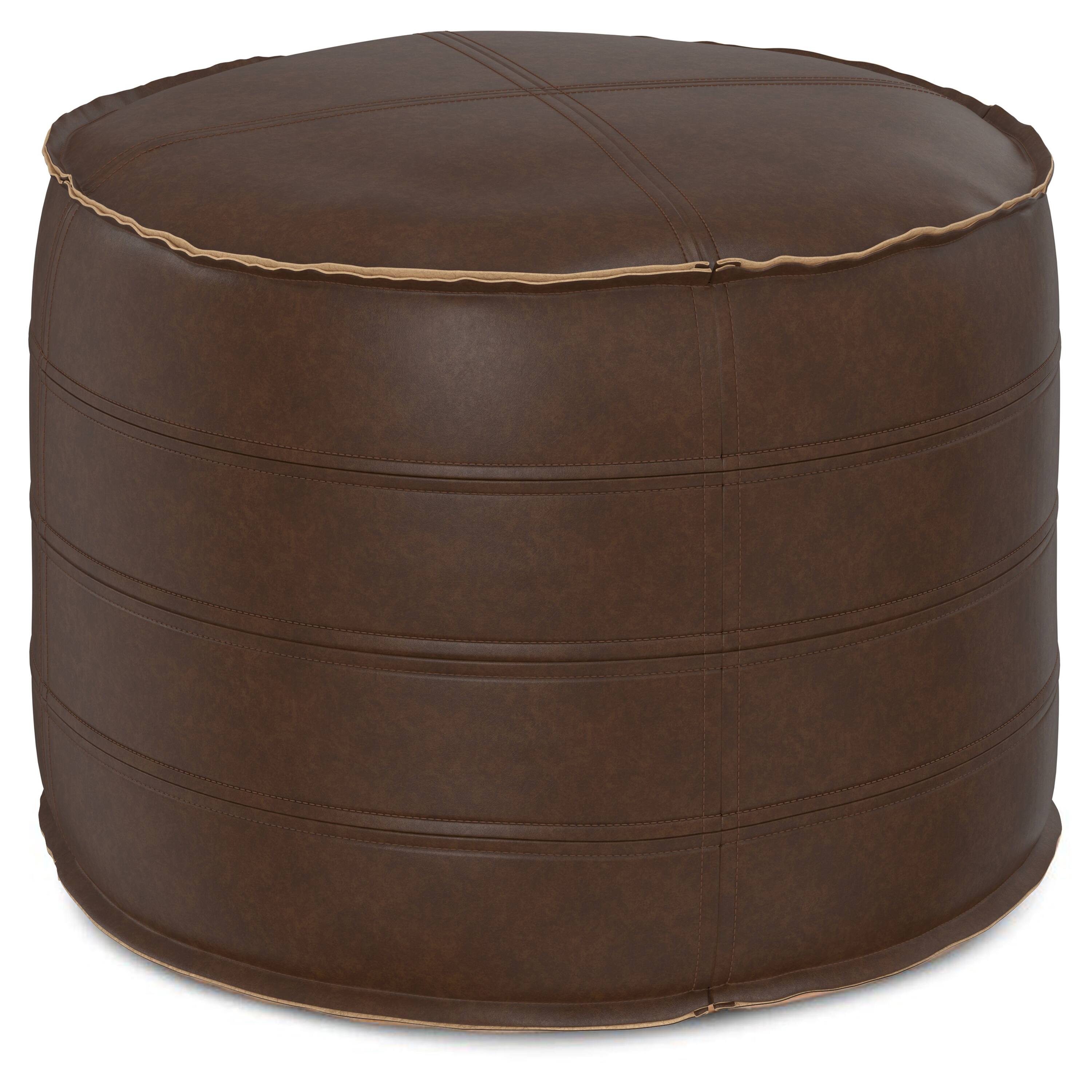 Angle. Simpli Home - Brody 20 Inch Round Pouf - Distressed Dark Brown.