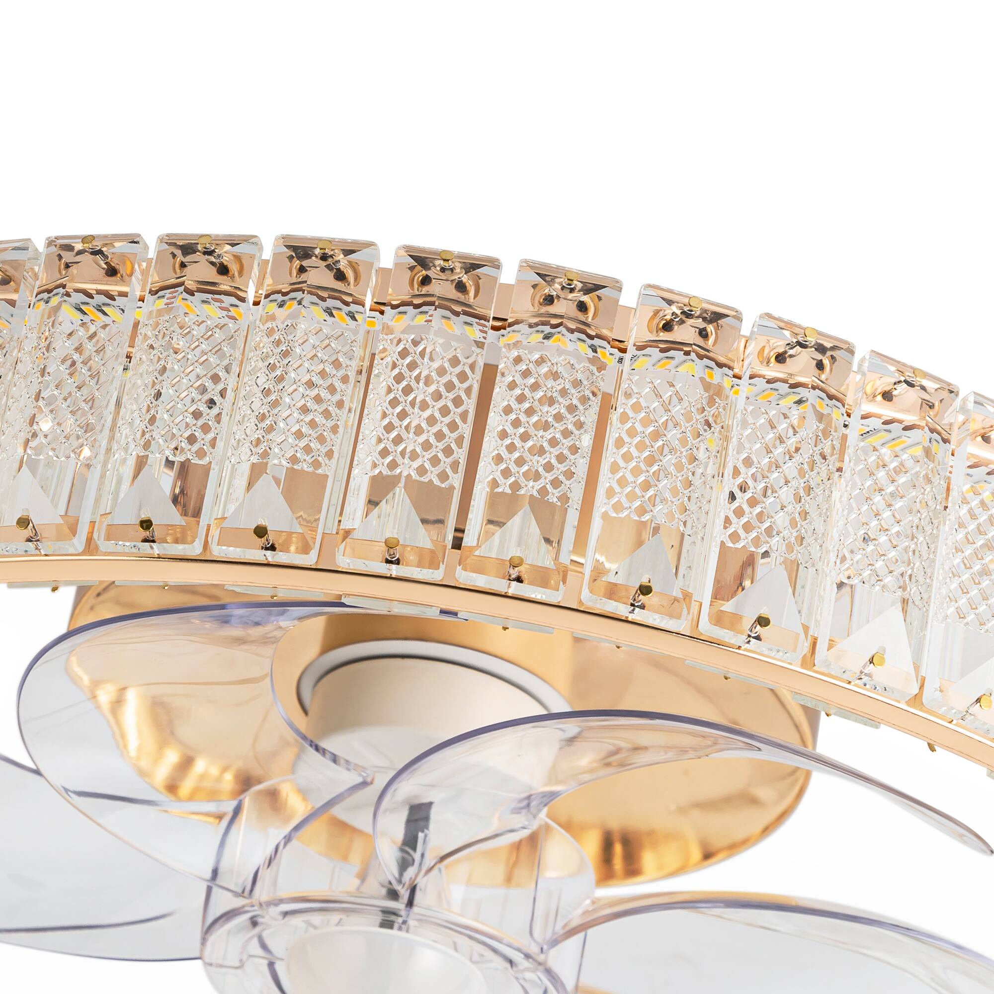 Alt View 9. Breezary - 20-Inch Modern Flush Mount Crystal Cage Fan with LED Light, Remote, 7 Transparent Blades, 6-Speed DC Motor - Golden.